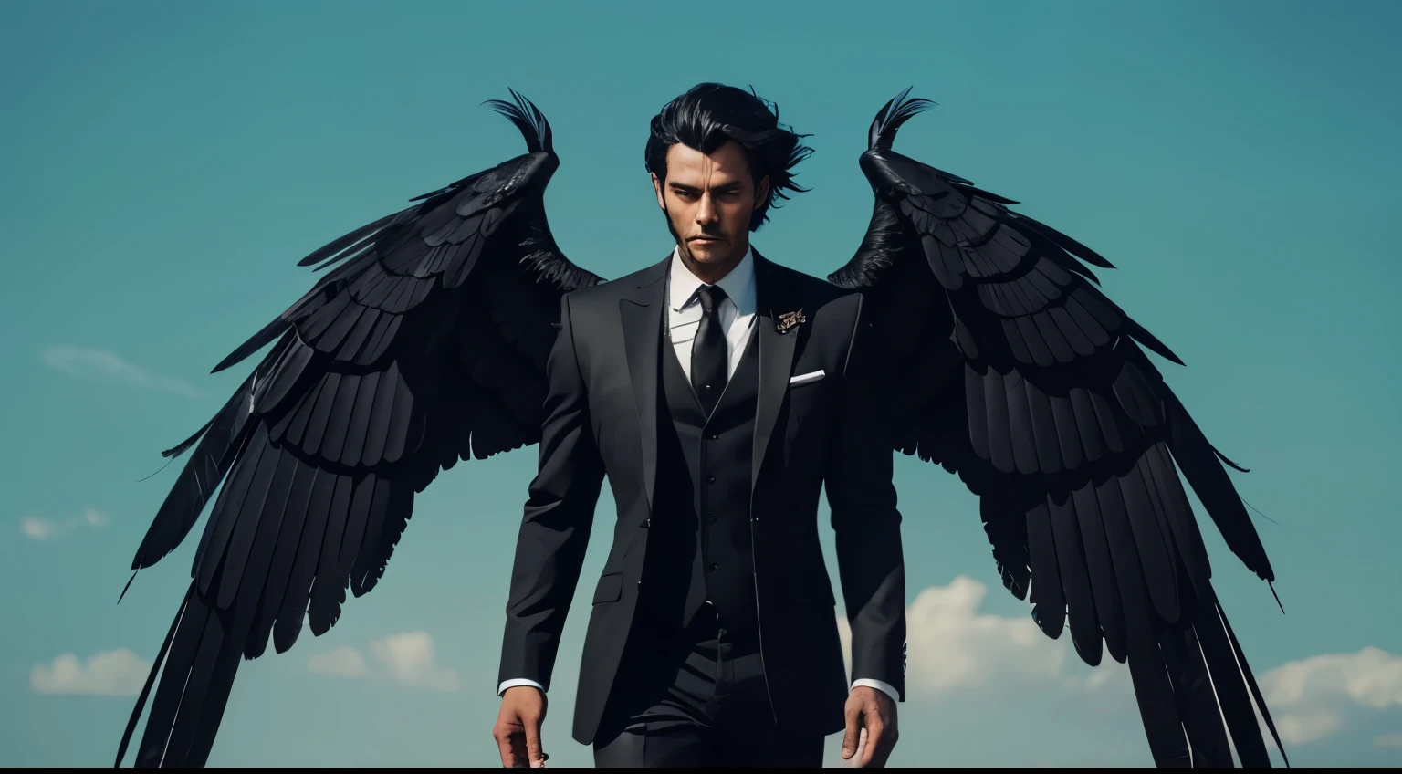 A person is on a dirt road, He is wearing a black suit with wings attached to his back. The wings are dark black and appear to be made of feathers.tall man, ancient demon, obsidian-like skin, raven short hair, big wings with black feathers, dark red noble clothes
