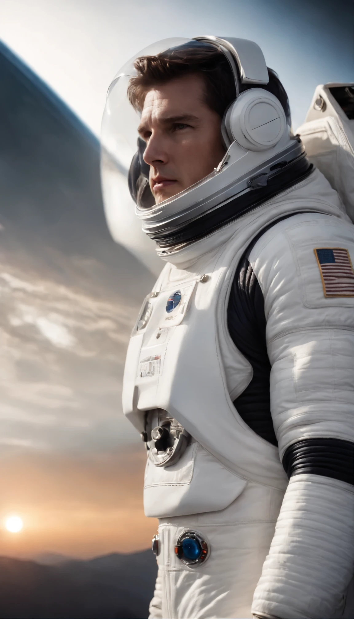 Cinematic masterpieces「Interstellar」In a breathtaking scene from、Tom Cruise, dressed in a pure white spacesuit, skillfully pilots a fascinating spaceship.。High-definition images、Sparkling accents from shimmering fabrics、Even the sleek, futuristic design of the spaceship、Reveals every intricate detail of the spacesuit。The scene is enveloped in the golden light of the setting sun.、Casts a long, dramatic shadow、It emphasizes the texture and lines of the spaceship.。Cruise、With a concentrated look、It captures the essence of determination and courage.。The dynamic poses and angles used in this scene are、