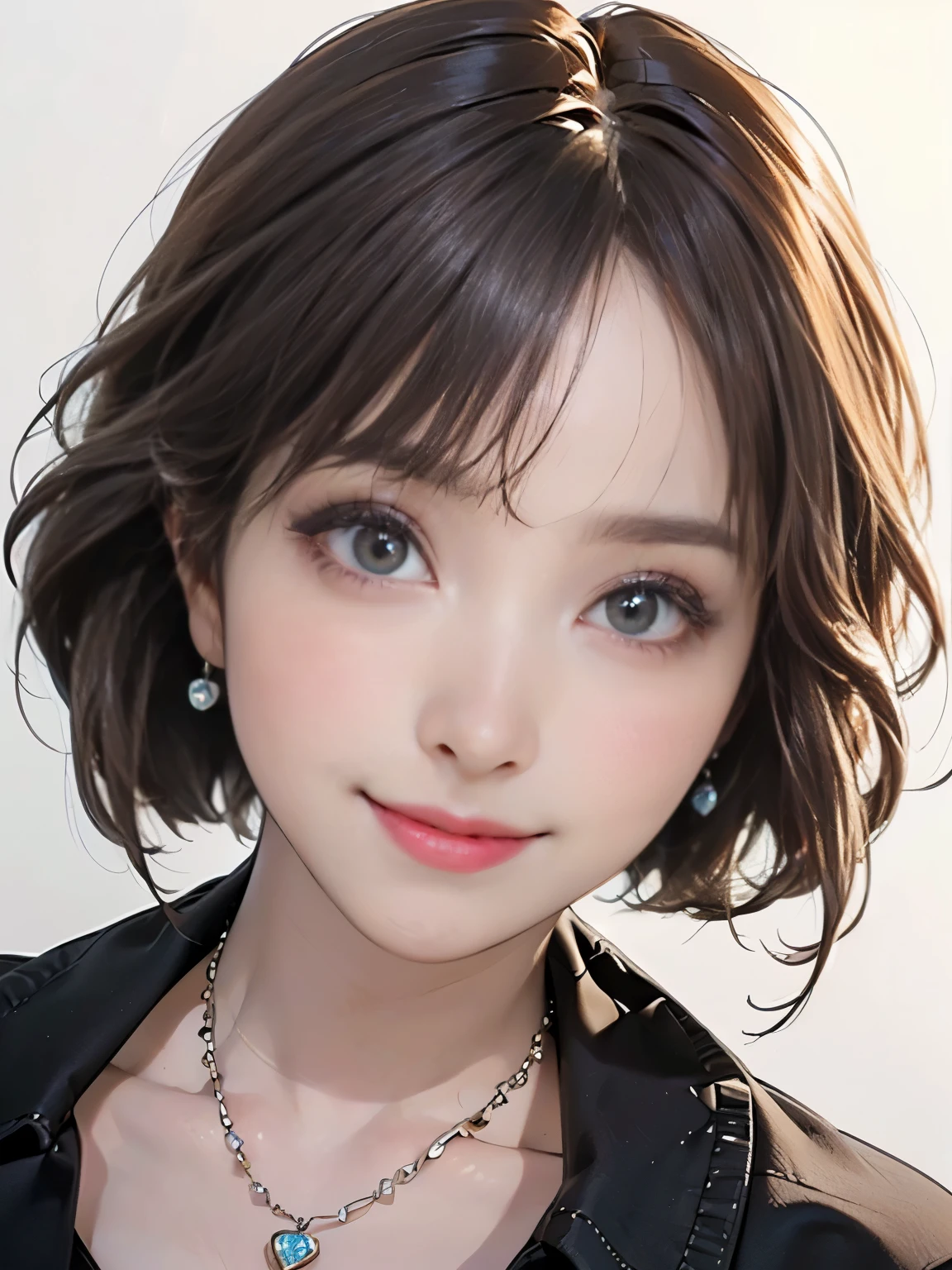 ((((highest quality))))、(((Ultra-precision CG16K wallpaper)))、(((masterpiece)))、(((Super detailed)))、(((Extreme detail)))、((１Mature 29 year old woman:1.6))、((Very beautiful Japanese faces))、((Zuo々Nozomi:1.5))、((Straight short bob hair、blunt bangs:1.5))、(Shiny brown hair)、Beautiful delicate eyes、Brown Eyes、High nose、Small nostrils、Small Mouth、Seductive lips、Beautiful breasts、((C cup size breasts))、Cleavage、Beautiful feet、eight-headed body、Perfect proportions、Perfect Anatomy、Perfect composition、Beautiful detailed shading、Beautiful, natural lighting、Beautiful detail glow、Depth of written boundary、(((High chroma)))、(((Real:1.9)))、((vivid:1.5))、((Beautiful Skin))、((Skin Texture))、((Realな皮膚感))、(((Close-up shot:1.6)))、((Front view、shoot from front、Front low angle:1.6))、(((smile:1.3)))、((The woman is looking at this、looking at viewer、Facing forward:1.6))、Bright daylight、Natural light、(((Plain background:1.3)))、(Standing pose:1.6)、(Black lace bikini bra)、((Earrings、Wearing a necklace:1.3))、