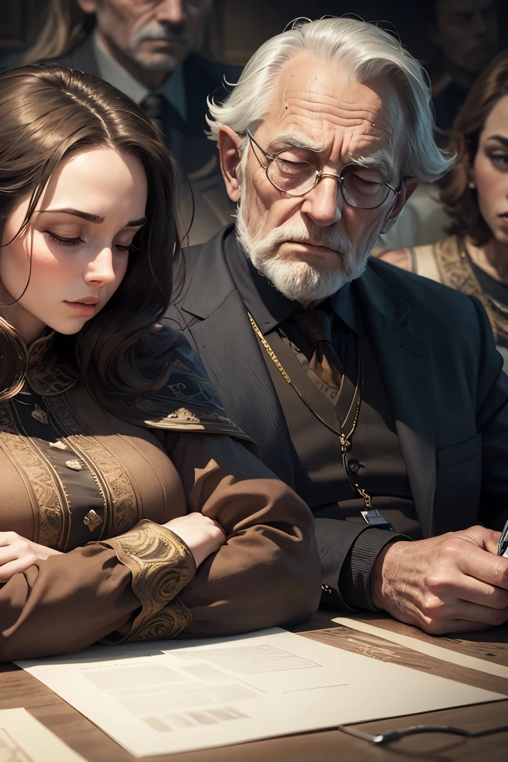 ((Best quality)), ((masterpiece)), ((realistic cartoon)): 3 Sleeping old people in a meeting, Meeting Fatigue, multiples people bored in a meeting room,multiples people asleep,bored. The scene is set in a thematically rich environment,Evil atmosphere. The lighting, crafted with a cinematic touch, emphasizing boredom surrounding the Meeting Fatigue. Every element of this masterpiece is carefully designed to create a sense of realism and immersion. This artwork is presented in stunning UHD resolution, allowing you to appreciate every nuance and intricacy in breathtaking detail. Side view, scenic, masterpiece,mtg art,magic the gathering art.