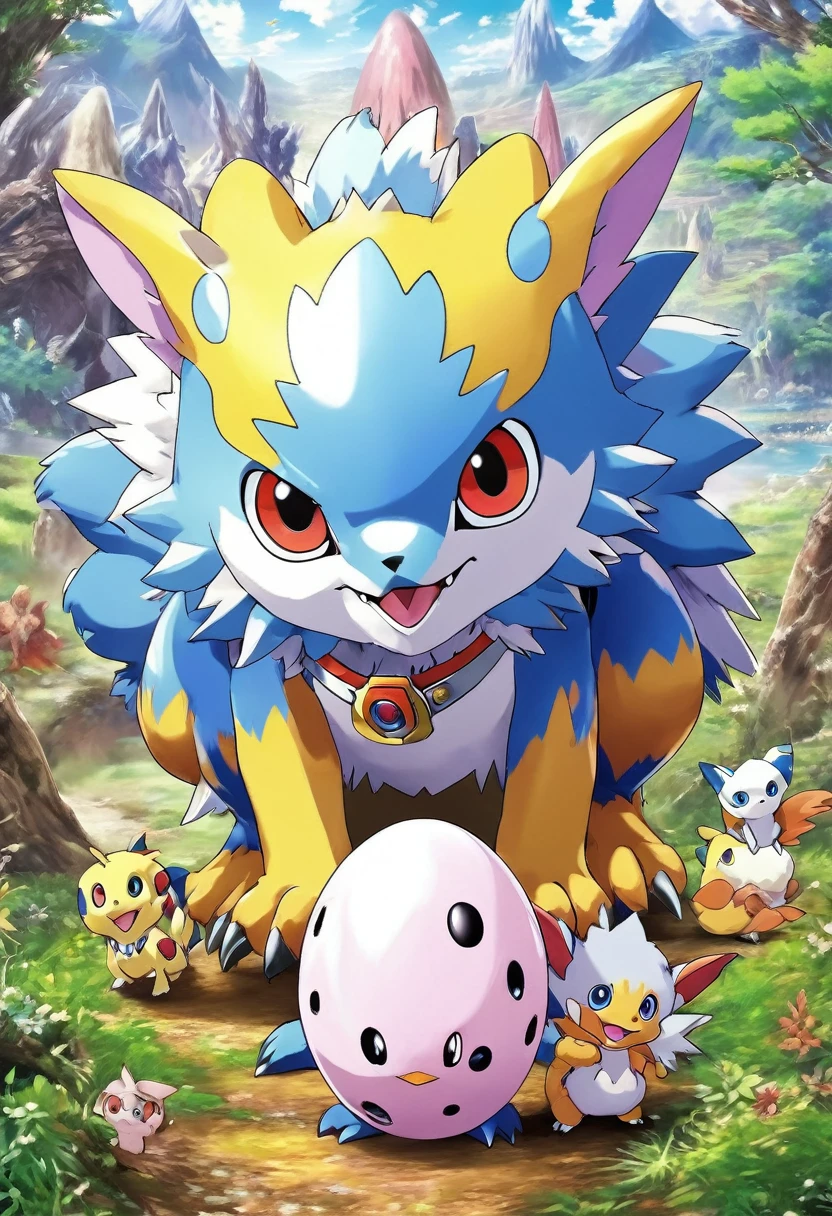 masterpiece, best quality, SFW, (safe for work),Punimon, solo, cute creature, solo,hatching egg,fresh digimon,baby digimon \(creature\), looking at viewer, digimon world background