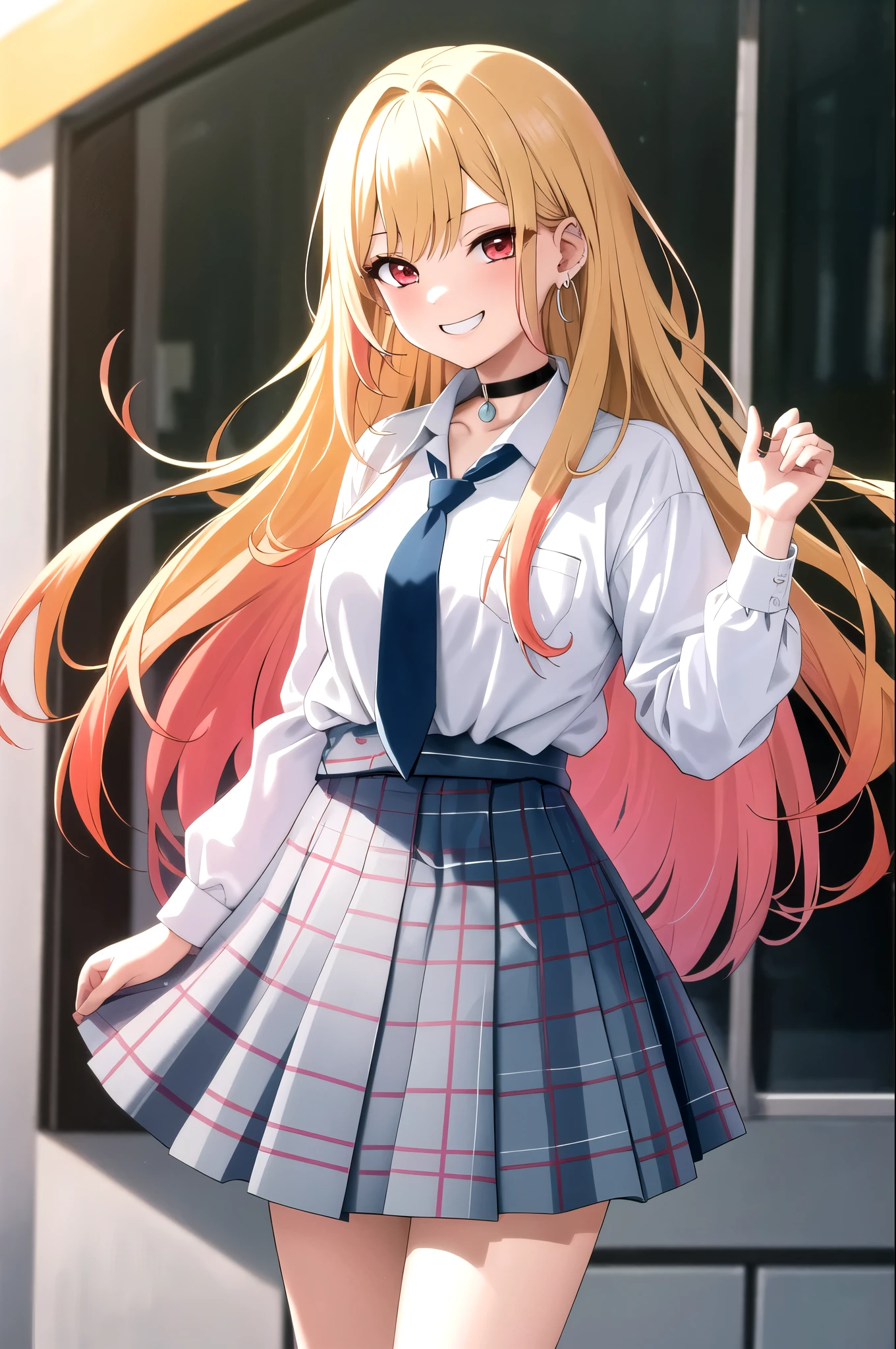 masterpiece, best quality, highres, kitagawa marin, 1girl, blonde hair, long hair, multicolored hair, red eyes, jewelry, earrings, piercing, , white shirt, tied shirt, black choker, blue necktie, plaid skirt, grin, smile, standing, cowboy shot, outdoors,
