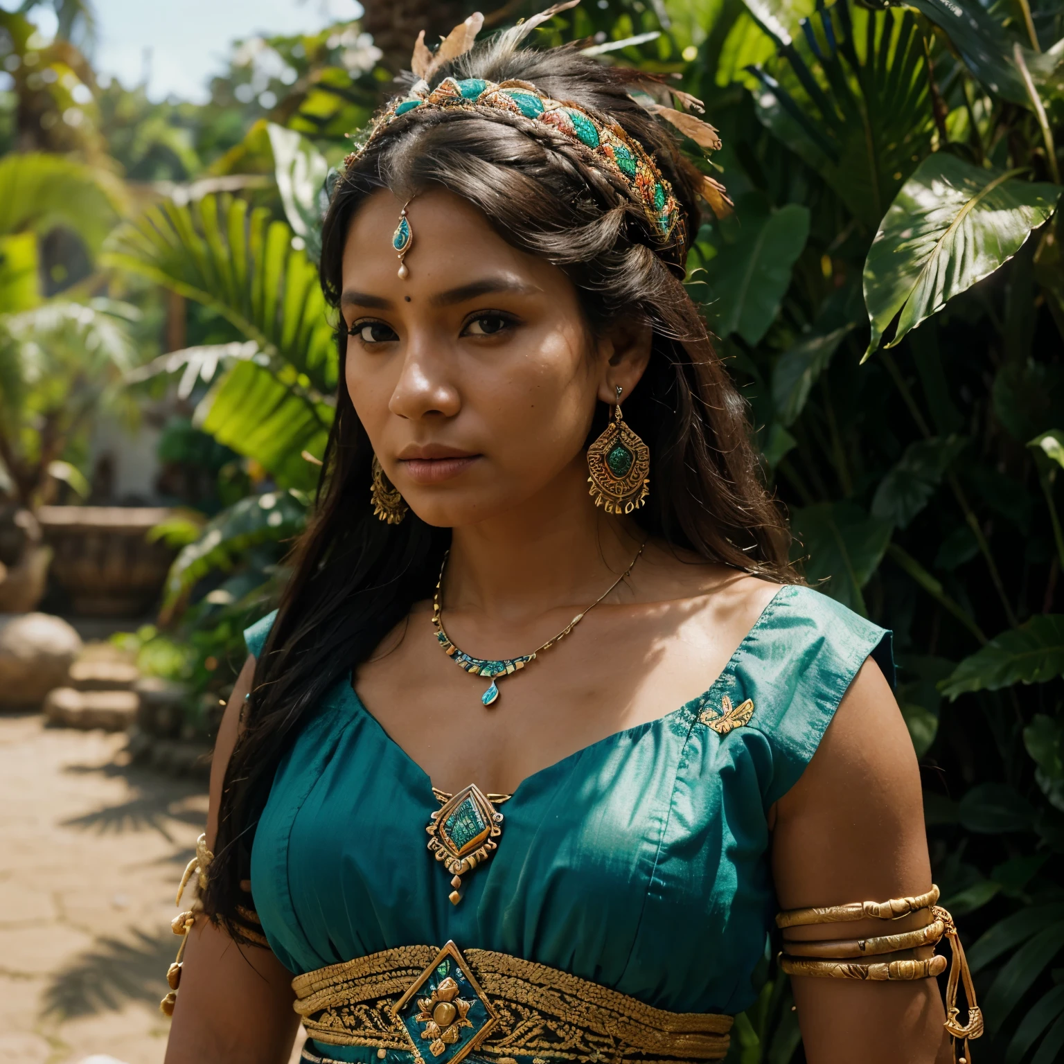 a woman in traditional indigenous clothing from El Salvador, detailed clothing, intricate patterns, ornate headpiece, earrings, necklace, bracelets, natural setting, lush greenery, sunlight, vibrant colors, 4k, photorealistic, masterpiece, cinematic lighting, chiaroscuro, dramatic shadows, hyper detailed