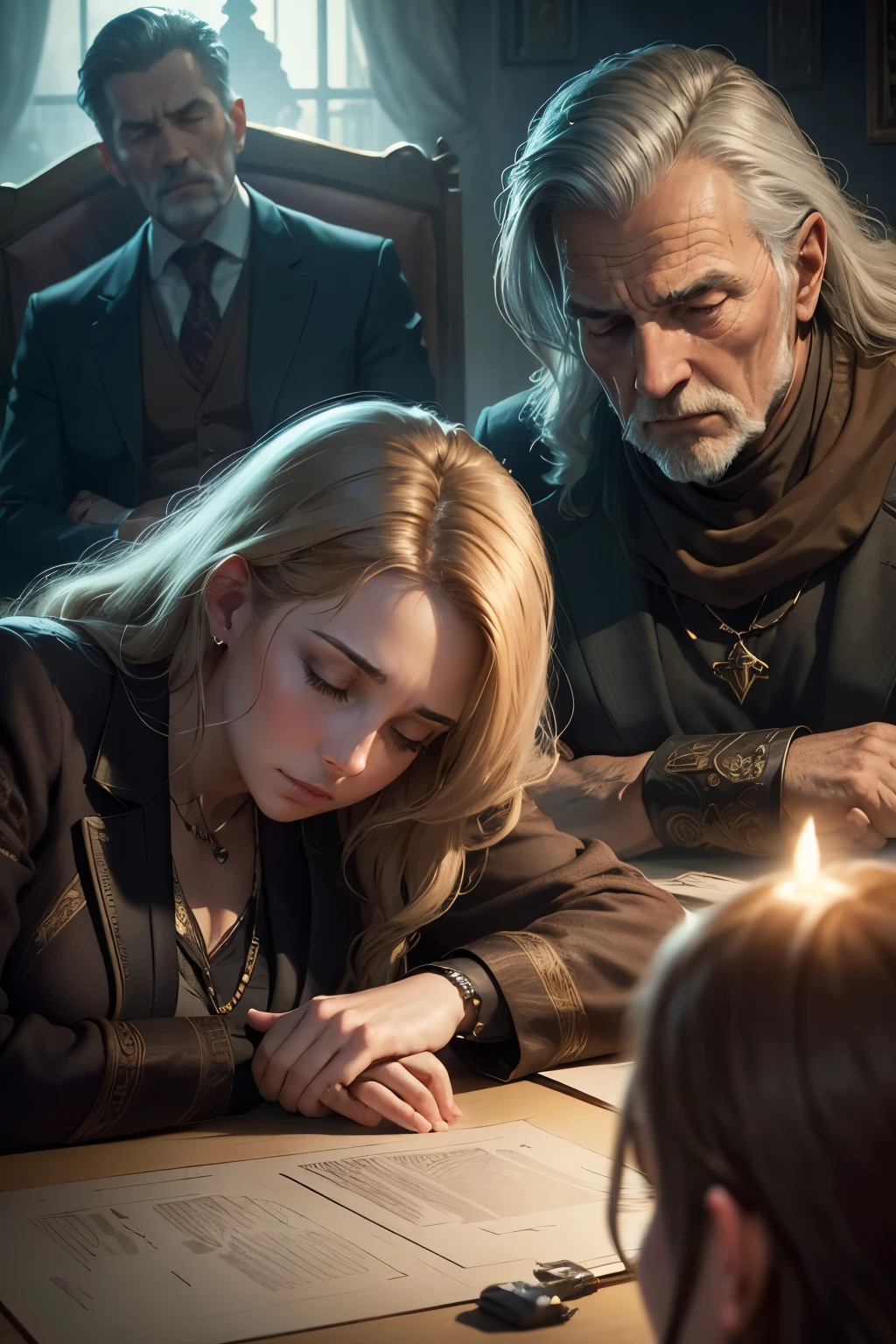 ((Best quality)), ((masterpiece)), ((realistic cartoon)): 4 Sleeping old people in a meeting, Meeting Fatigue, multiples people bored in a meeting room,multiples people asleep,bored. The scene is set in a thematically rich environment,Evil atmosphere. The lighting, crafted with a cinematic touch, emphasizing boredom surrounding the Meeting Fatigue. Every element of this masterpiece is carefully designed to create a sense of realism and immersion. This artwork is presented in stunning UHD resolution, allowing you to appreciate every nuance and intricacy in breathtaking detail. Side view, scenic, masterpiece,mtg art,magic the gathering art.