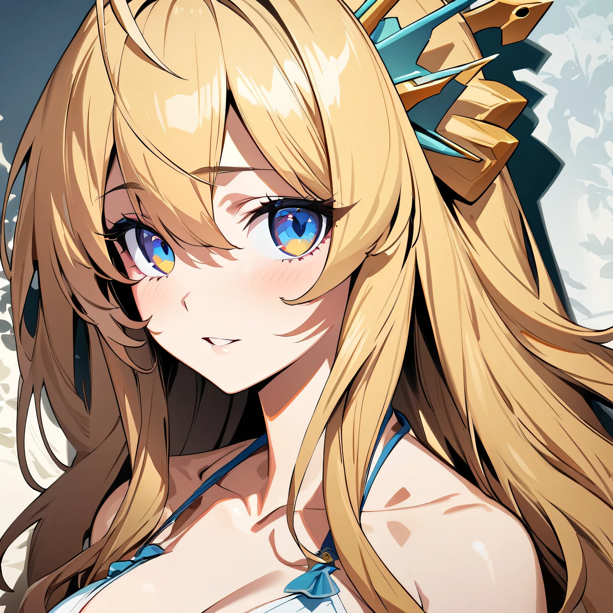 (masterpiece),(best quality),(ultra-detailed),(best illustration),(best shadow),(absurdres),(detailed background),(very aesthetic), lay ohva, blonde hair, long hair, breasts, hair ornament, blue eyes, very close-up, portrait,