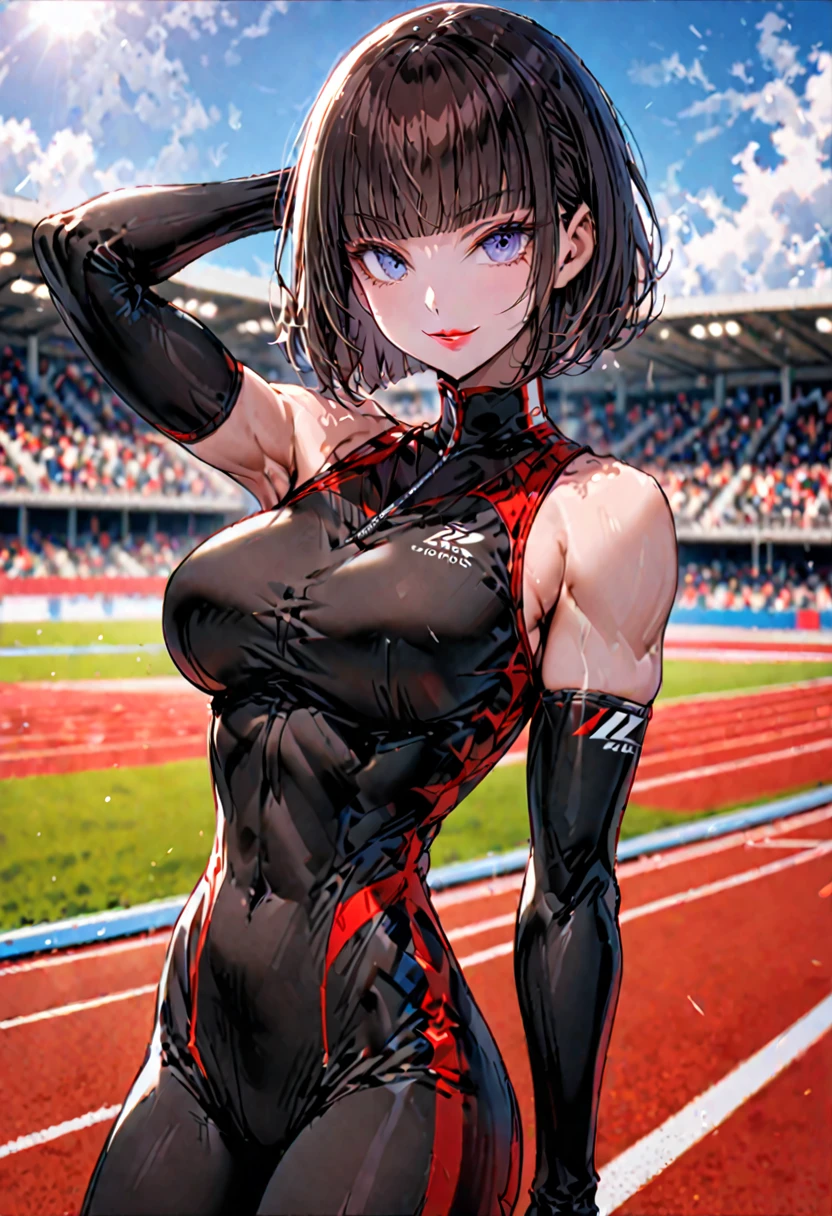 solo, female, sfw, medium shot, very short hair, straight bangs, brown hair, blue eyes, smile, large breasts, very tall, muscular, unitard, elbow gloves, sport clothes, sports competition, track field, day, bright, pose, hachimaki, red lips, abs