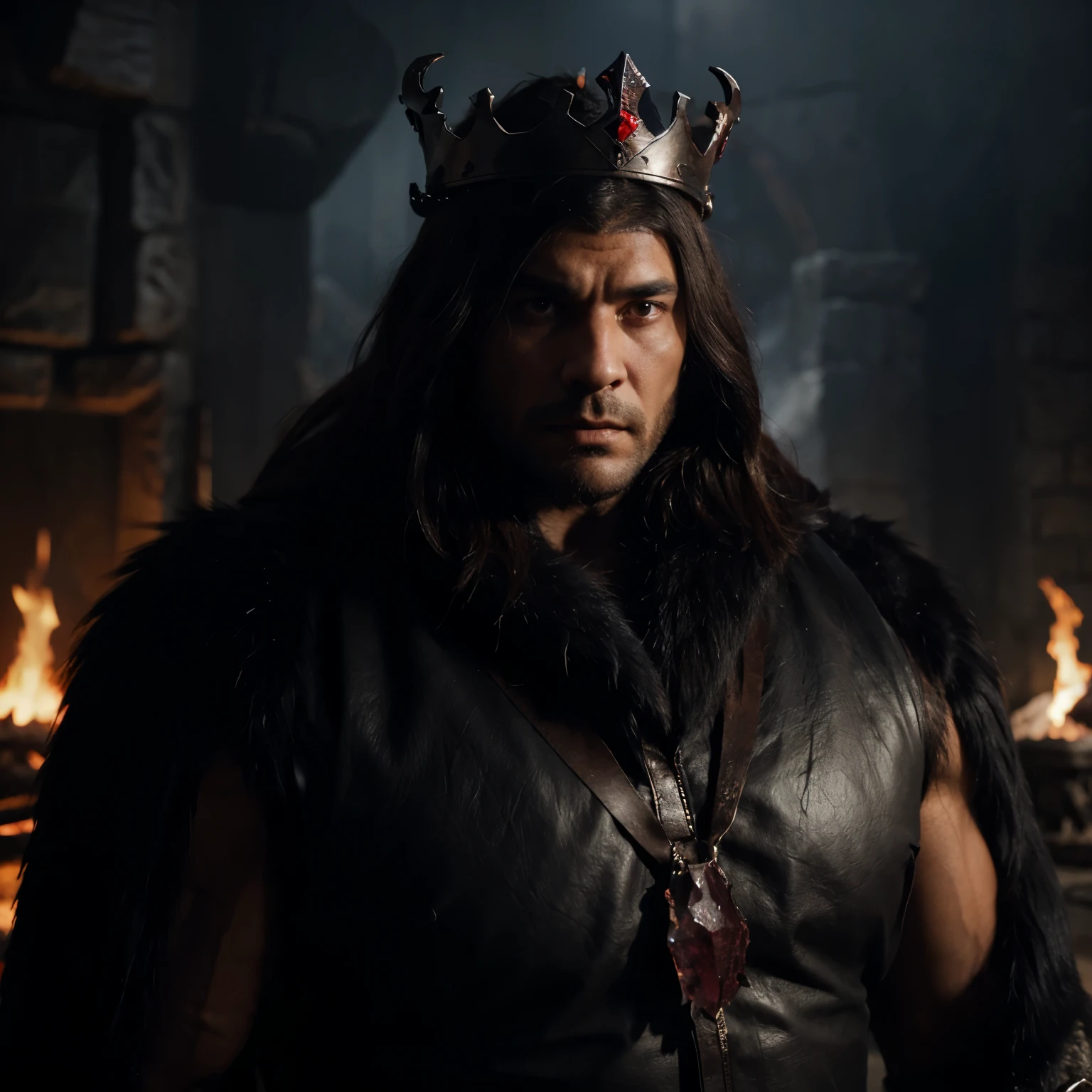 A man cloaked in beast fur, bone and leather, i am massive with a great muscular build with a...crown made of cracked obsidian with a lava blood ruby in the middle....the beast king