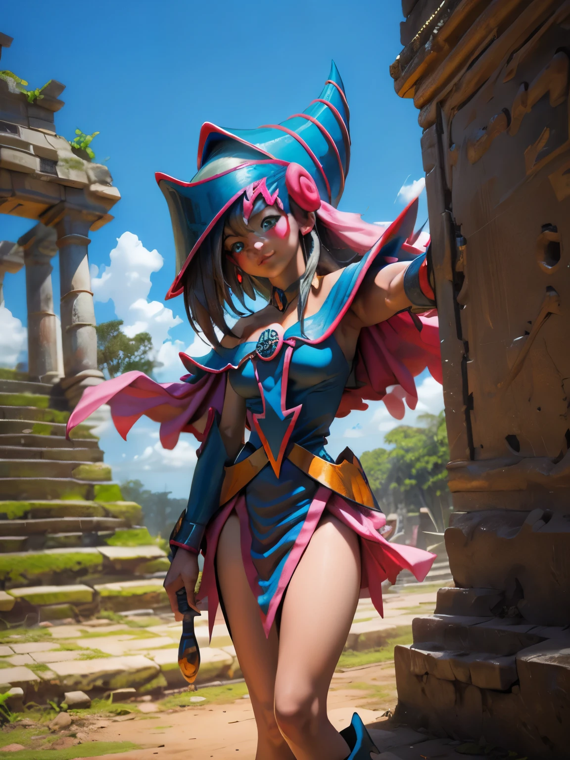 Dark magician taking a selfie in some Mayan ruins. Ella tiene cabello rubio. ojos azules. Labios rojos. Se toma una selfies en  unas ruinas mayas. Selva y jaguares a si alrededor 