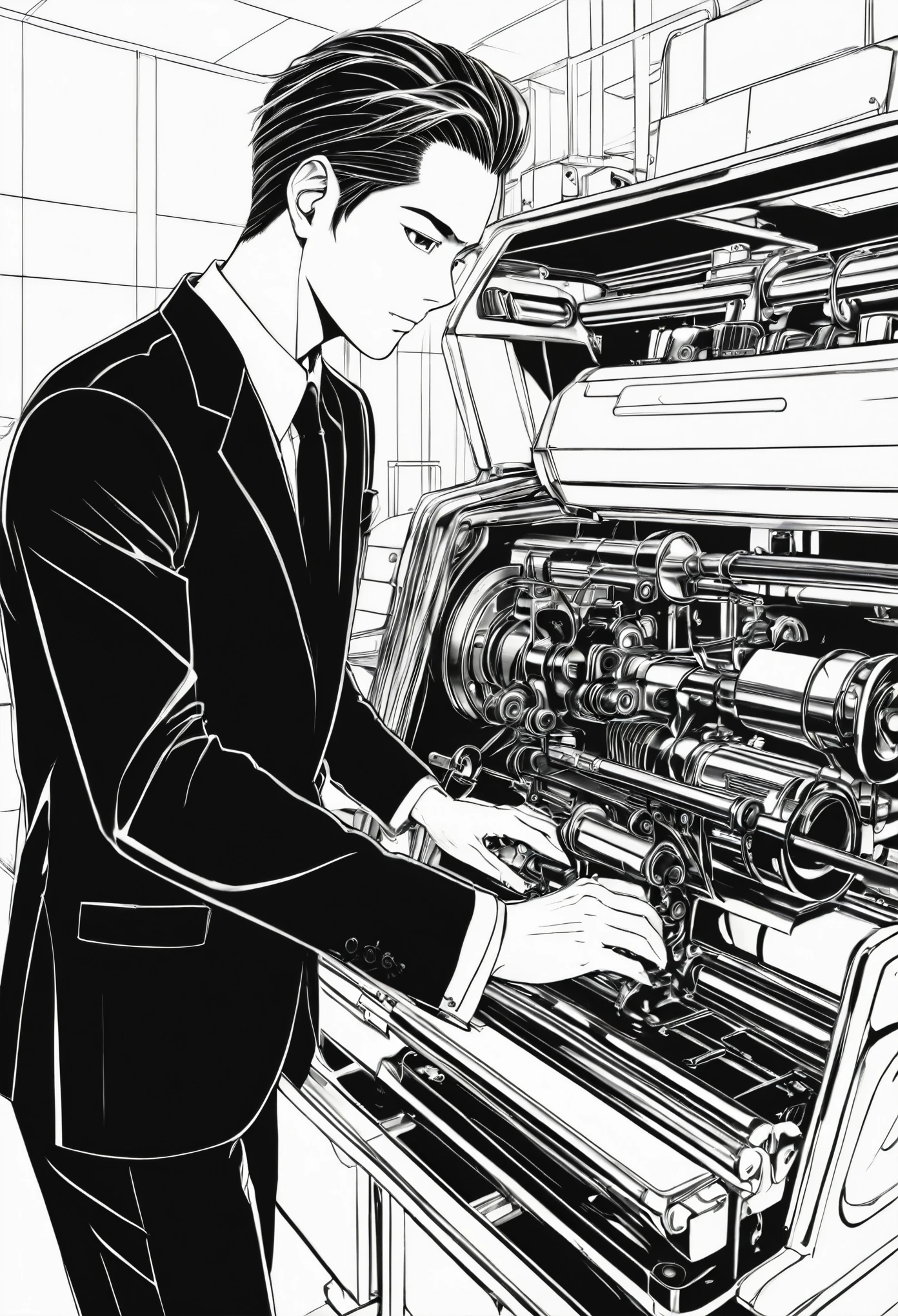 Black and white manga style a man in black suit using machine 