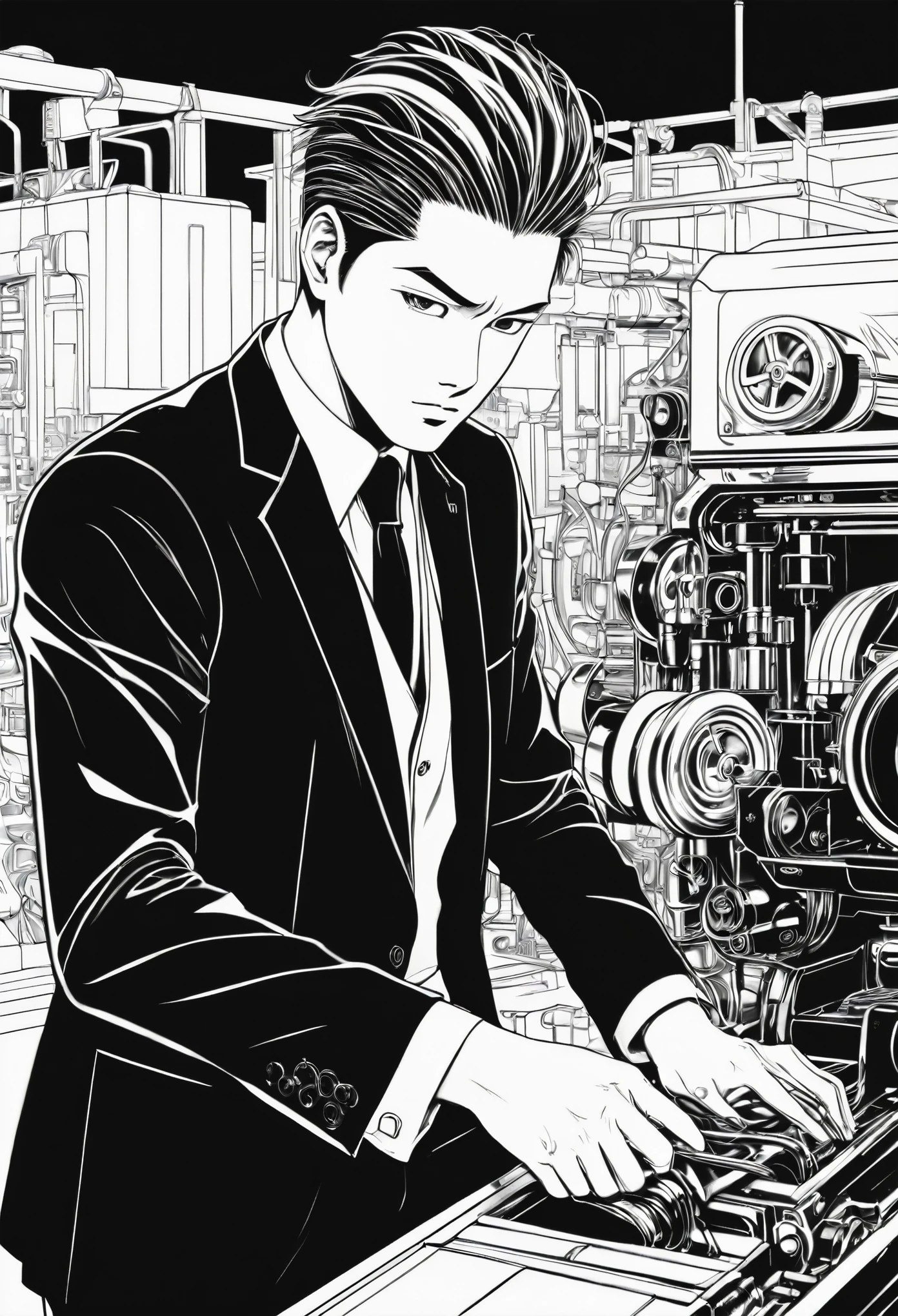 Black and white manga style a man in black suit using machine