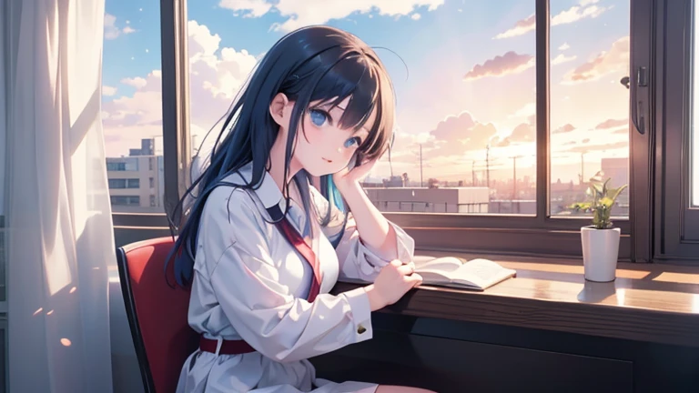 girl reading while sitting on a window sill by her window, in the style of anime-inspired characters, detail environment, 8k resolutions, richly colored sky