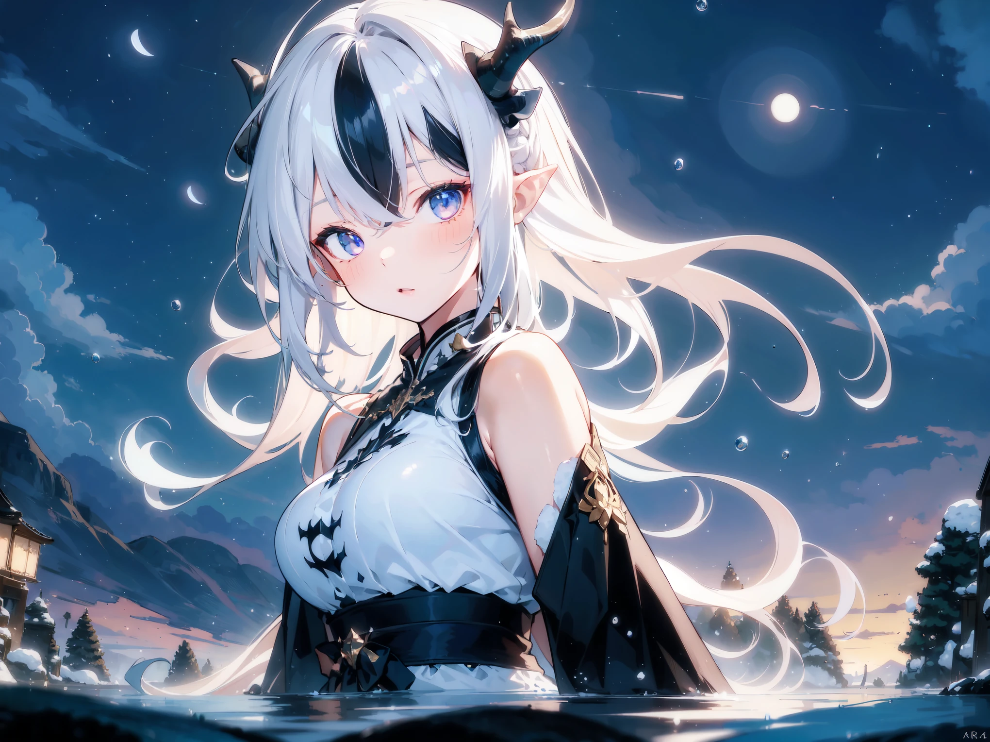 (best quality, highres, masterpiece : 1.4), (arknight), (flatten art : 0.8), masterpiece, (best quality), dark environment, 1woman, anime, long hair, white hair, straight hair, horns, pale skin, dark eyes, long pointy ears, tall, white ao dai, medium sized breast, cold face, (detailed face), (intricate hand),(detailed hand), solo, lake, mystical atmosphere, night, walking on water, snow, winter, close-up
