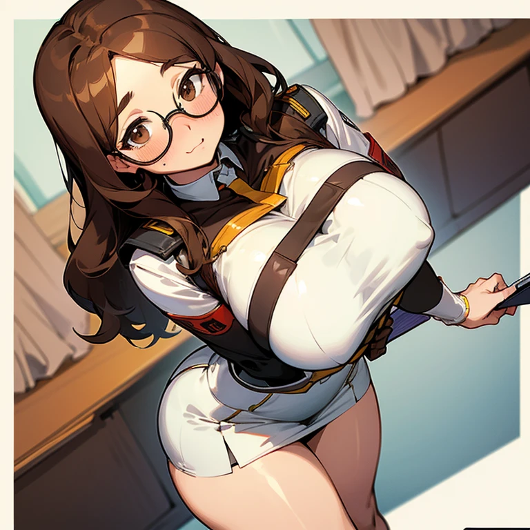A nerdy girl with glasses, long brown hair and brown eyes. Who wears a white uniform that is tight around her big and enormous breasts and a short skirt that barely covers her thick thighs. She looks down as she adjusts her glasses and has a slight blush on her cheeks. She's in a class.