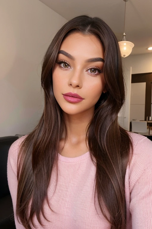This image features a young woman with long, layered brown hair. She is wearing a light-colored top and has her eyes open as she takes a selfie. Her lips are painted in a glossy pink lipstick, and her eyelashes are thick and dark. Her eyebrows have been groomed to perfection, giving her face an overall polished look. The background of the photo is greyish white, making the colors of her skin and clothing stand out even more. She looks confident yet relaxed in this portrait shot - it's almost like she knows that she looks beautiful!