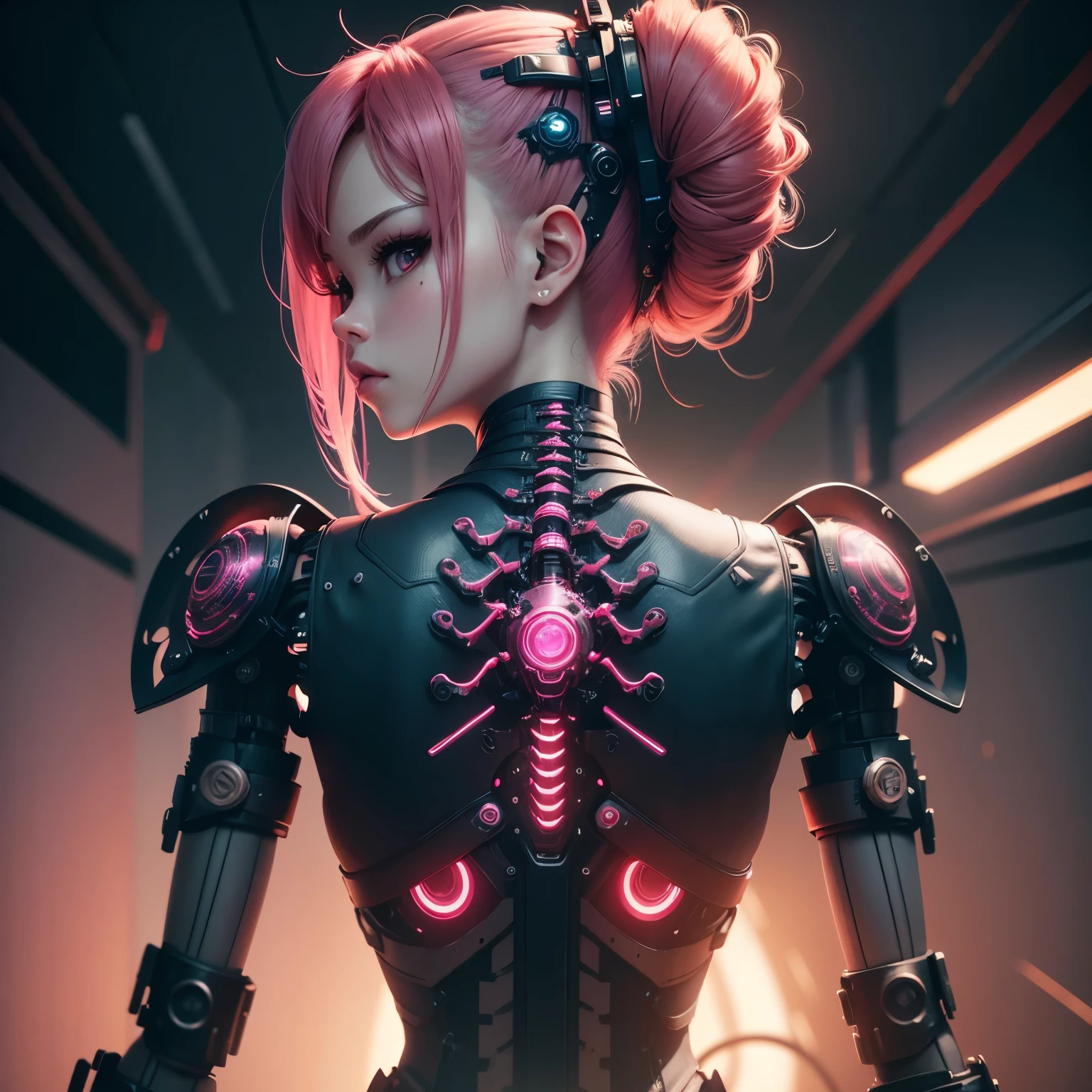 A cute mechanical cyberpunk Rosé Blackpink girl, realistic details, global illumination, shadows, octane render, 8k, ultra sharp,metal,intricate, ornaments detailed, cold colors, hyperdetailed, highly intricate details, realistic light, trending on cgsociety, glowing eyes, facing camera, neon details, machanical limbs, blood vessels connected to tubes,mechanical vertebra attaching to back, mechanical cervical attaching to neck, wires and cables connecting to head