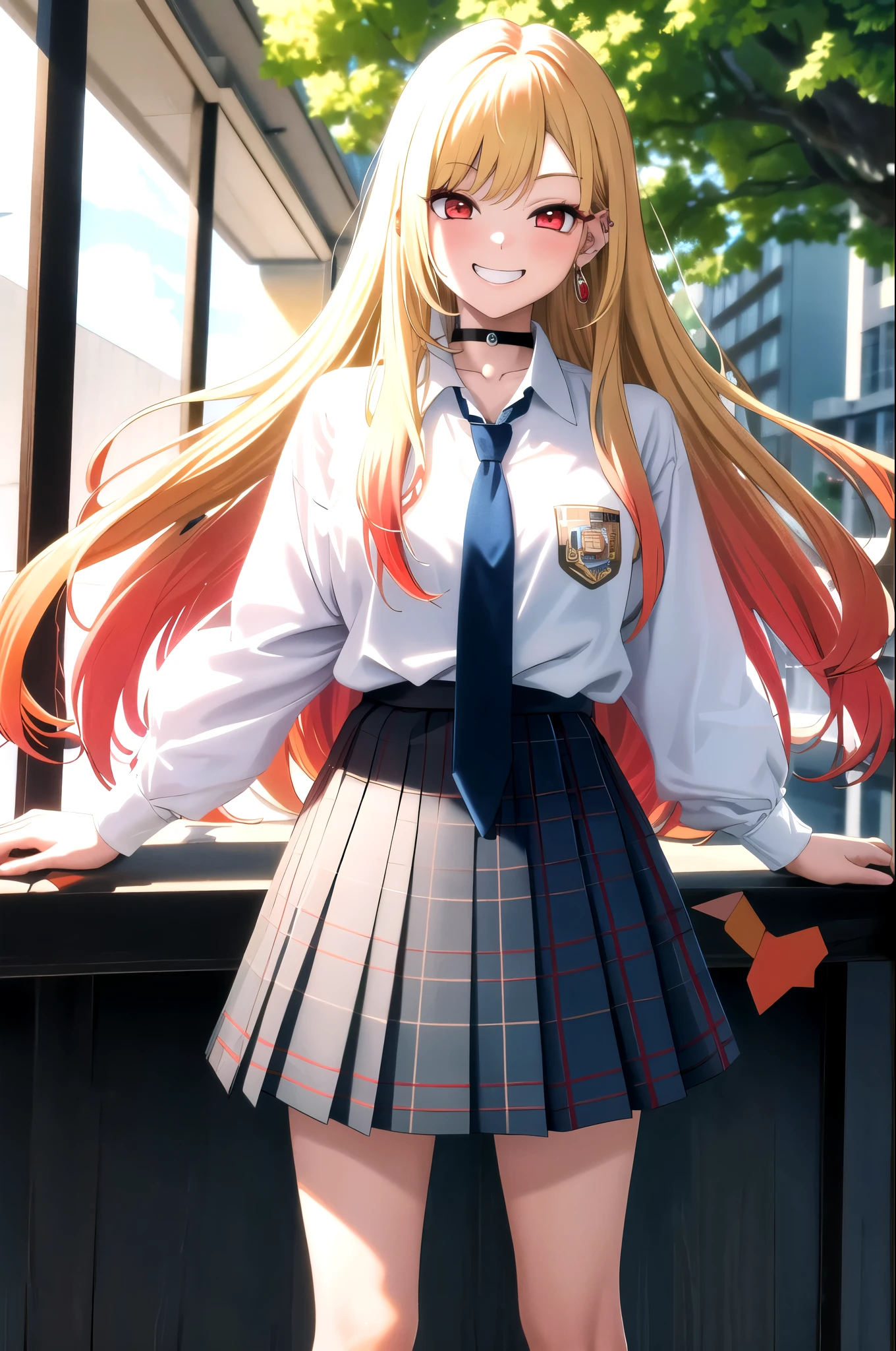 masterpiece, best quality, highres, kitagawa marin, 1girl, blonde hair, long hair, multicolored hair, red eyes, jewelry, earrings, piercing, , white shirt, tied shirt, black choker, blue necktie, plaid skirt, grin, smile, standing, cowboy shot, outdoors,
