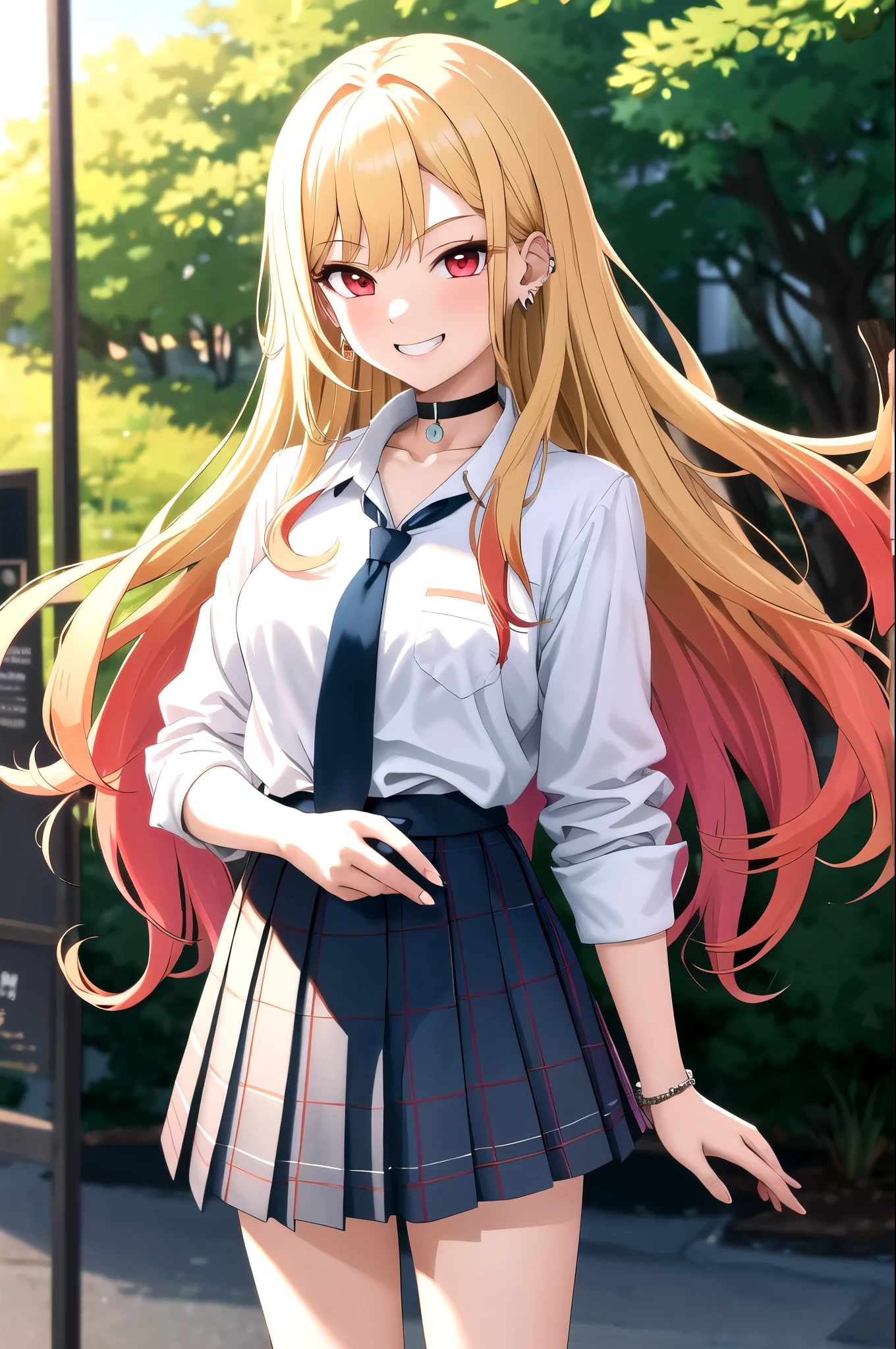 masterpiece, best quality, highres, kitagawa marin, 1girl, blonde hair, long hair, multicolored hair, red eyes, jewelry, earrings, piercing, , white shirt, tied shirt, black choker, blue necktie, plaid skirt, grin, smile, standing, cowboy shot, outdoors,