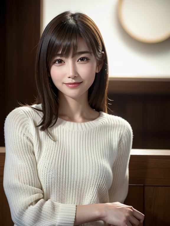 1 Japanese girl,(White sweater:1.4), (RAW Photos, highest quality), (Realistic, Photorealistic:1.4), Tabletop, Very delicate and beautiful, Very detailed, 8k wallpaper, wonderful, In detail, Very detailedなCG Unity, High resolution, Soft Light, Beautiful Details 19 years old, Very detailedな目と顔, Beautifully detailed nose, Beautiful fine details,Cinema Lighting,Perfect Anatomy,Slender body,smile (Asymmetrical bangs,)