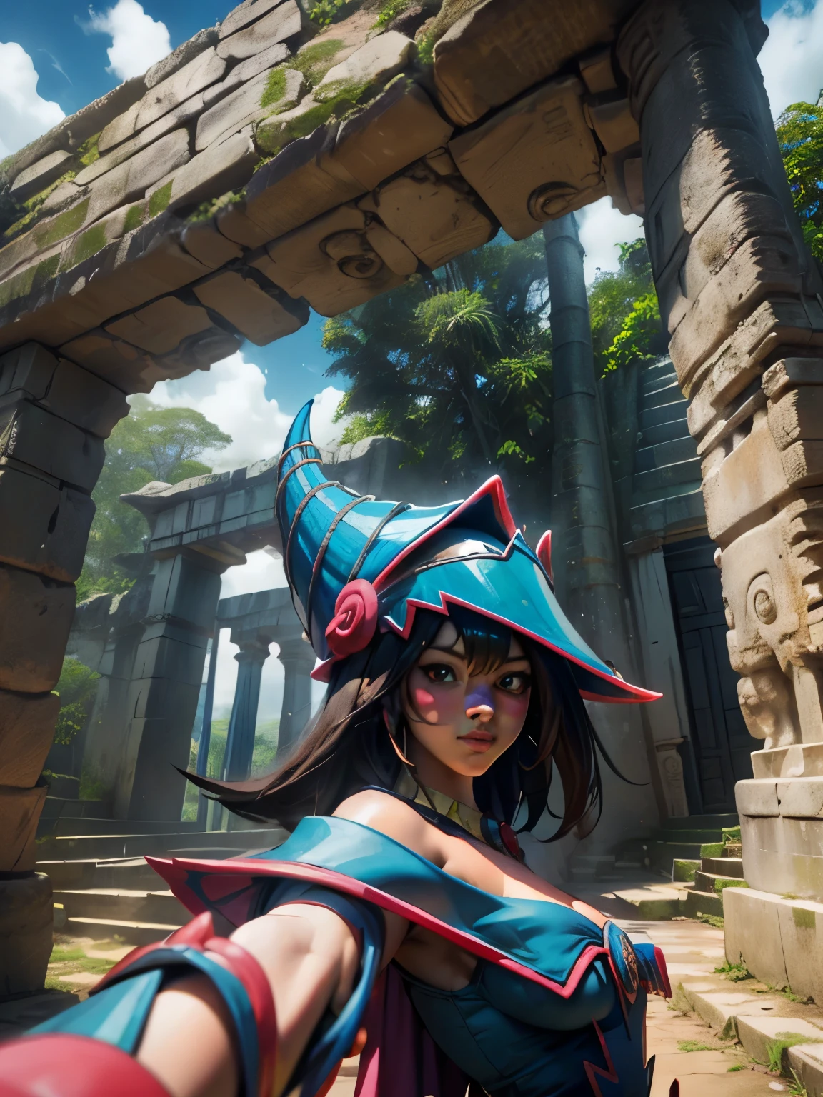Dark magician taking a selfie in some Mayan ruins. Ella tiene cabello rubio. ojos azules. Labios rojos. Se toma una selfies en unas ruinas mayas. Selva y jaguares a si alrededor