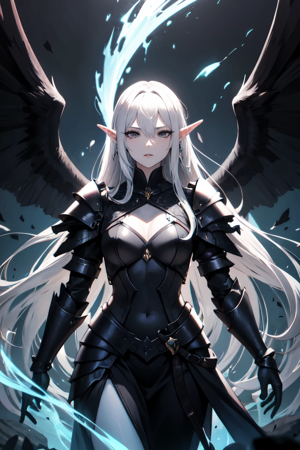 princes of the dark elf, long hair, black eyes, black fantasy armor, magic, black angel wings, grey skin, mysterious,