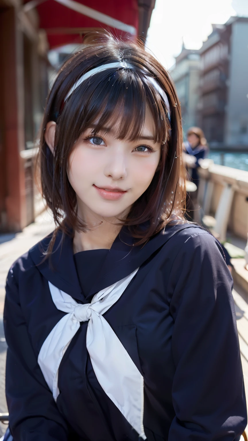 sailor uniform, One Woman, (Beautiful woman, delicate :1.3), Shiny Black Hair, Bobcut, bangs, (8k), (highest quality: 1.2), (Realistic), (Realistic: 1.37), (masterpiece), (Ultra-high resolution), (RAW Photos), (Absolute Resolution), (((face is small compared to body: 1.4))), (((Small face:1.4))), A balanced face, (Small Mouth: 1.4), ((Slim female body: 1.4)), Black Hair, (((long sleeve Sailor suit))), realistic high school girl, (((White headband))), Small breasts, Slanted Eyes, Bright Blue Eyes, (Cafe on the open terrace), Open your mouth, smile, Blurred, full body, Three white lines on the collar of a sailor uniform, Looking back pose,