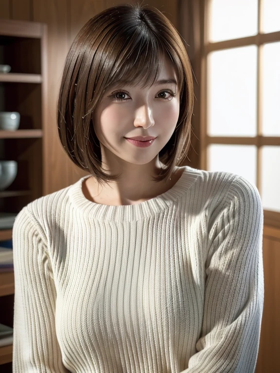 1 Japanese girl,(White sweater:1.4), (RAW Photos, highest quality), (Realistic, Photorealistic:1.4), Tabletop, Very delicate and beautiful, Very detailed, 8k wallpaper, wonderful, In detail, Very detailedなCG Unity, High resolution, Soft Light, Beautiful Details 19 years old, Very detailedな目と顔, Beautifully detailed nose, Beautiful fine details,Cinema Lighting,Perfect Anatomy,Slender body,smile  (Asymmetrical bangs,)