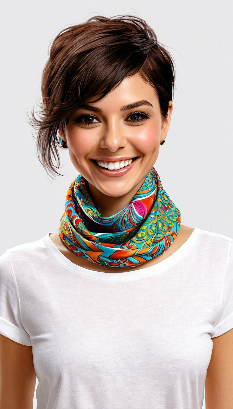 crea una mujer sonriendo de pelo corto pixie, with shirt and neckerchief masterpiece, estilo ilustracion de Ali Erturk, alto detalle, hiperrealista, luz natural,ilustracion , colores llamativos fondo de mariposas
