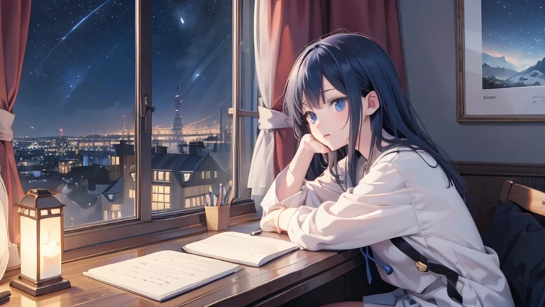 girl writing on here journal while sitting on a bay window looking outside in her room, in the style of anime-inspired characters, detail environment, 8k resolutions, richly colored night sky