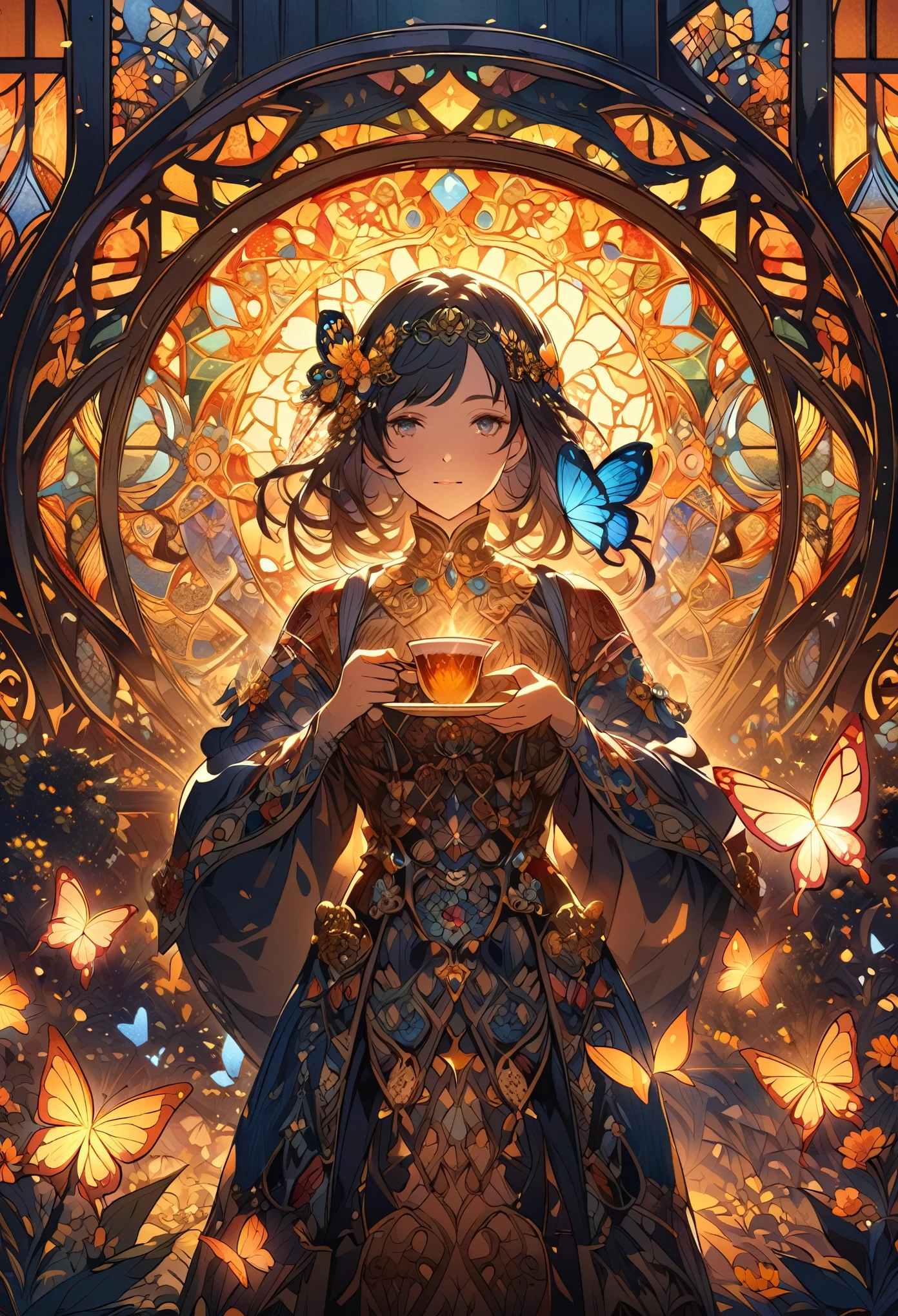 "A detailed and intricate stained glass style illustration of a person adorned with flowers and jewelry, holding a cup of tea, with a butterfly nearby, surrounded by ornate patterns and warm lighting."
