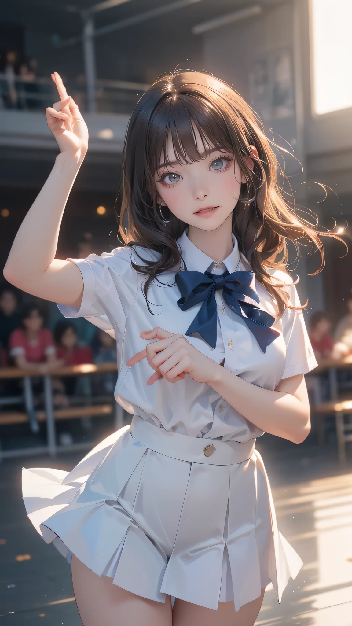 high school girl,(random dance pose),(Highest image quality, (8K), Ultra-realistic, Best Quality, High quality, High Definition, high quality texture, high detailing, Beautiful detailed, fine detailed, extremely details CG, Detailed texture, realistic representation of face, masterpiece, presence, Dynamic, Bold)