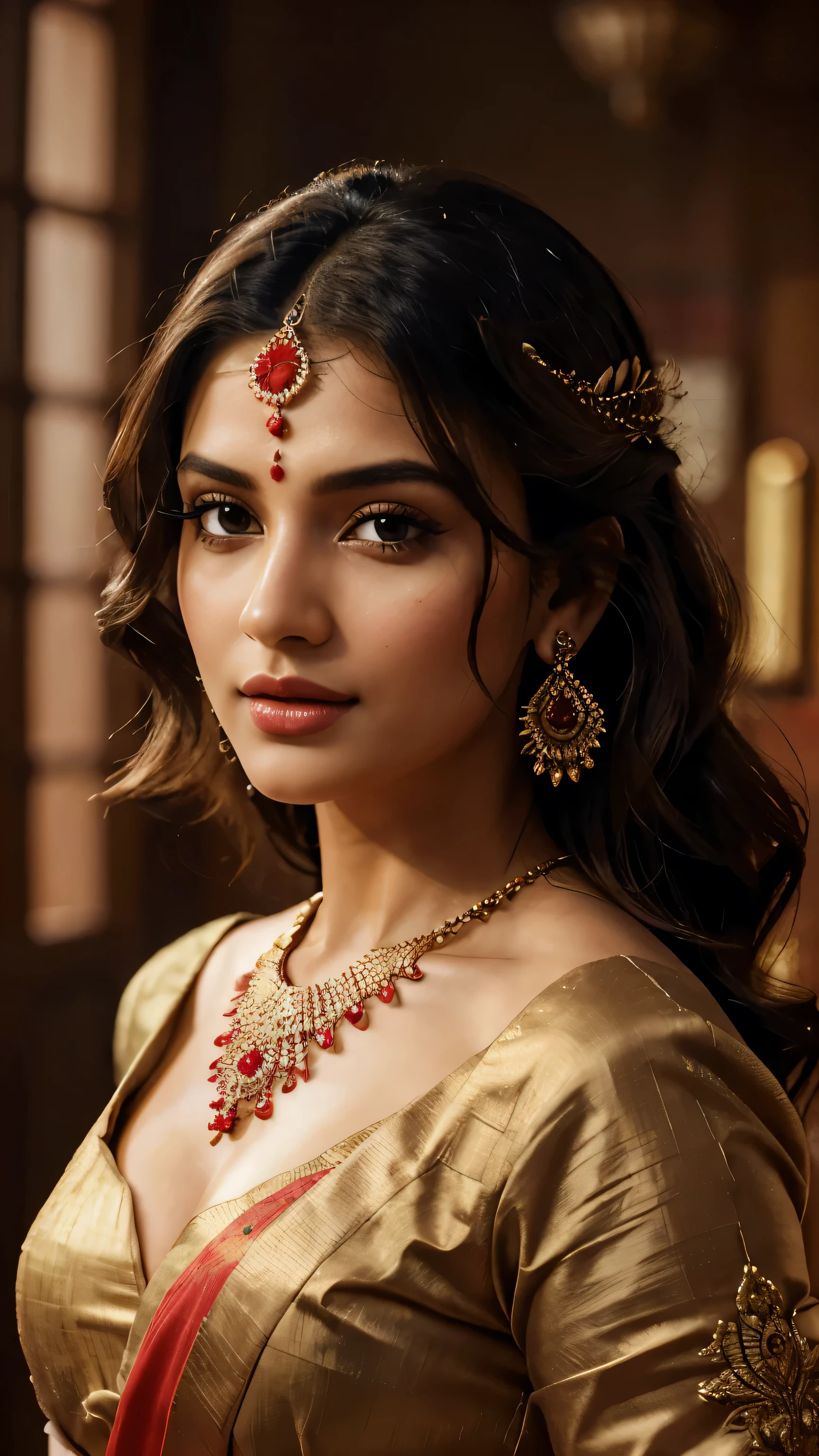 (highly detailed,illustration,intricate,attractive body,beautiful eyes,beautiful lips,extremely detailed face,longeyelashes), ((Full body picture)), cinematic, potrait, dynamic lighting, most beautiful picture, indian celebrity, (wearing traditional indian red saree), traditional indian clothes, indian jewelry, symmetrical face, stunning art, intense look, detailed, red lips, messy strands of hair, detailed hair, intense look, (best quality,4k,8k,highres,masterpiece:1.2),ultra-detailed,(realistic,photorealistic,photo-realistic:1.37),vivid colors,sharp focus,portrait, studio lighting, in a temple, (SFW), (light skin color)