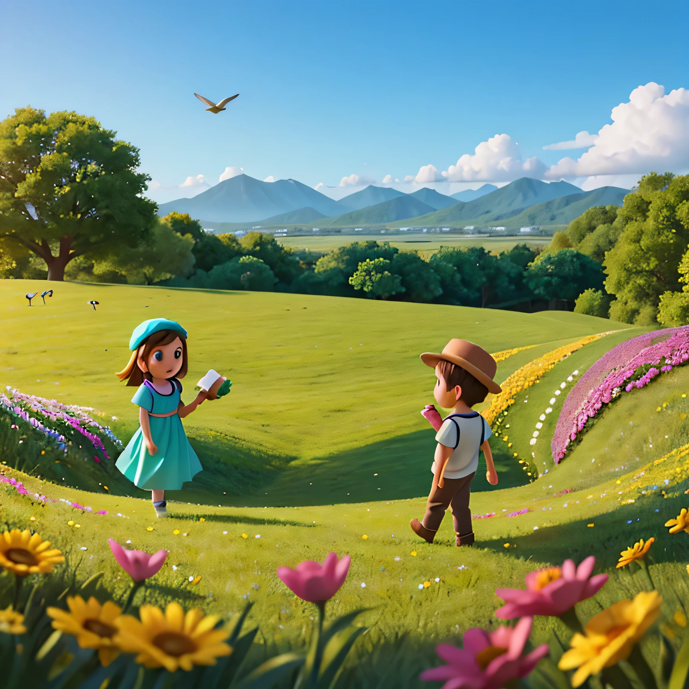 Create a video where a girl and a boy go out and they go out in a beautiful field full of flowers and birds and then they are on a greenish mountain and then they are at school.