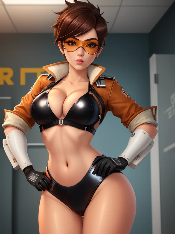 score_9, score_8_up, score_7_up, score_6_up, score_5_up, 1girl, Tracer, bomber jacket, perky, free use, hands on hips, pixie hair cut, cowboy shot, latex princess, orange sling shot swimsuit, cut out inner under breasts, cleavage, midriff, latex princess, elbow gloves, toned, (insanely detailed, beautiful detailed face, masterpiece, best quality) in a bdsm room (insanely detailed, beautiful detailed face, masterpiece, best quality) 