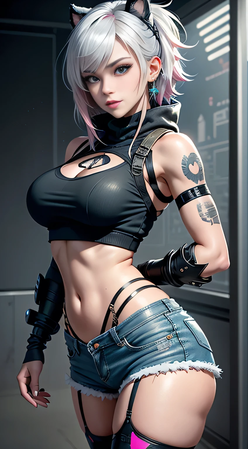 sfw, gwen tennyson,tracer,yorha 2b,y'shtola rhul,overwatch,nier automata,mecha pilot,shopping center,tattoos,orange and pink plugsuit,white short sleeve top,denim micro shorts,fishnet garter belt, uncovered belly,short hair,cute makeup,green eyes,multicolored silver hair,sexy smile,freckles,beautiful girl,large breasts,8k,ultra detailed, realistic,fantasy art,skater uniform,ear piercings,cyberpunk suit,saiyan girl, saiyan female,pink short sleeve sport hoodie,bear ear beanie,graffiti wall art,walking,small backpack, wearing bra,((skinny waist)), young asian girl, ((big breasted)),