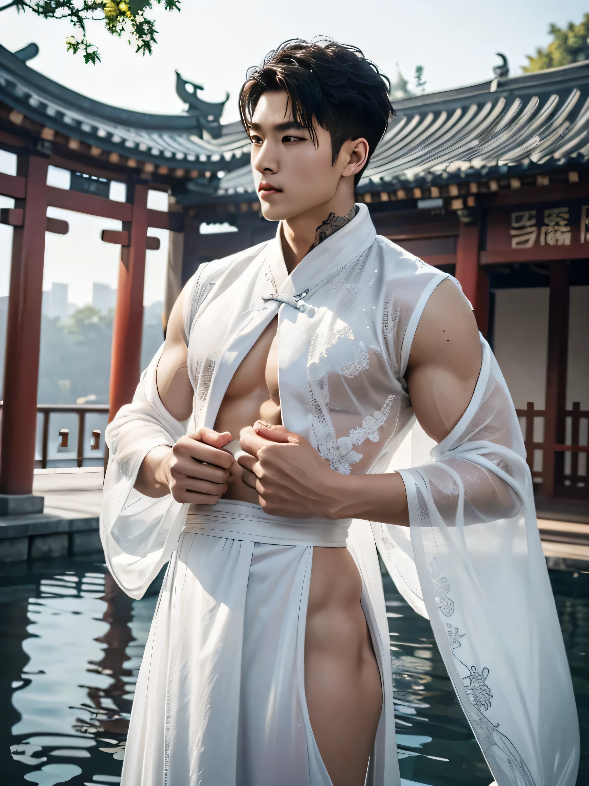 Handsome asian male, 20years old, Asian, master work, best picture quality, higher quality, high detail, super high resolution, 8k resolution, handsome actor, kpop idol, manly, manly jawline, manly chin, perfect eyes, perfect skin, perfect hands, big muscles, bare chest, bare butts, tattoos, glowing eyes, short hair, hair details, naked inside, detailed background , open Hanfu transparent tulle jacket, (white clothes with silver decoration), Chinese garden background, Chinese kung fu, sexy costumes, nice butts, sexy thin brief, spinning floating particles, chinese temple in background, looking at viewer
