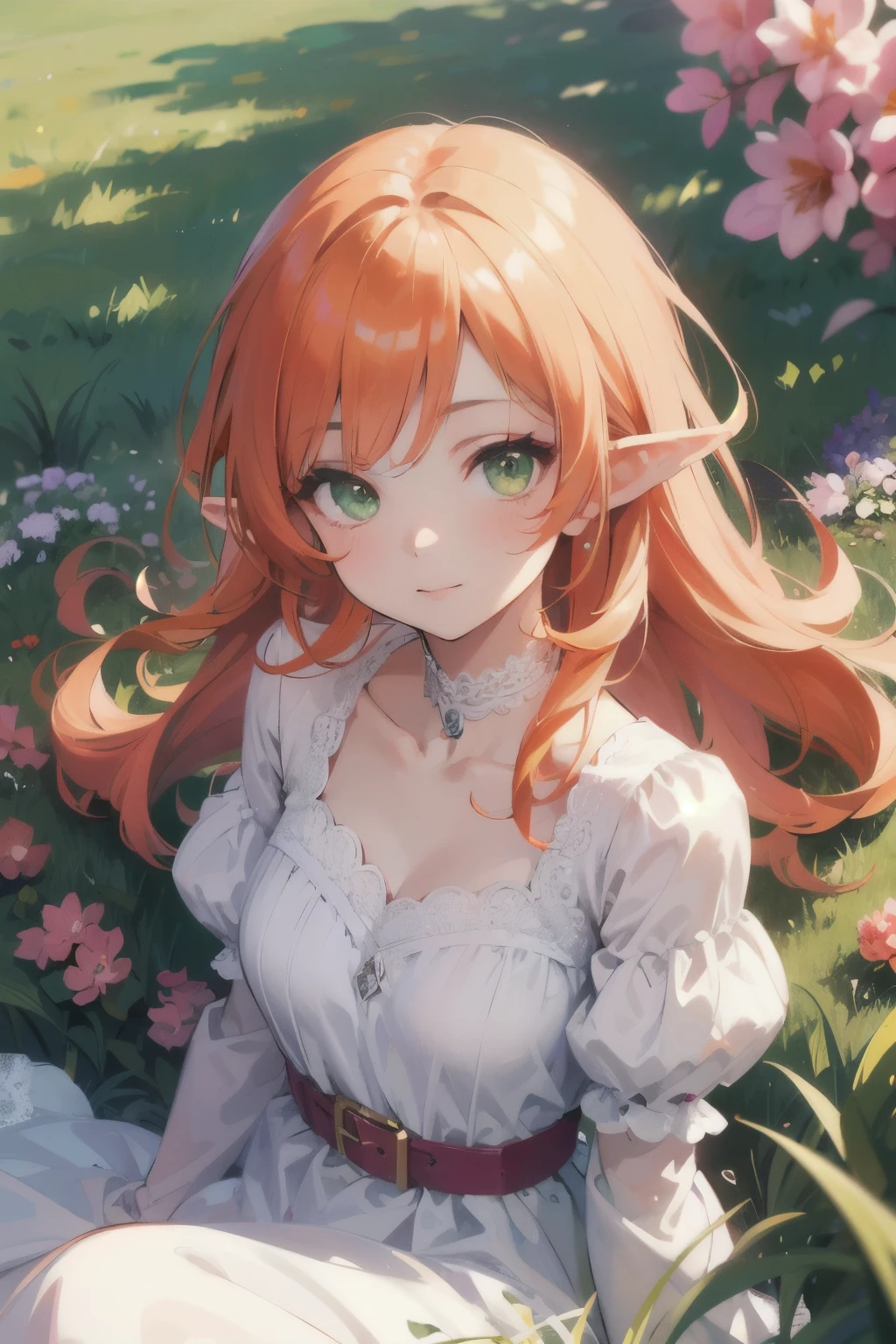 ((best quality)), ((masterpiece)), (detailed), perfect face, elf, young, girl, orange hair, long hair, green eyes, lilac dress, flowers, pink flowers, happy, sunny, green grass, lawn, white lace choker, romantic, soft smile, looking at viewer, portrait, puffed sleeves, flat breast