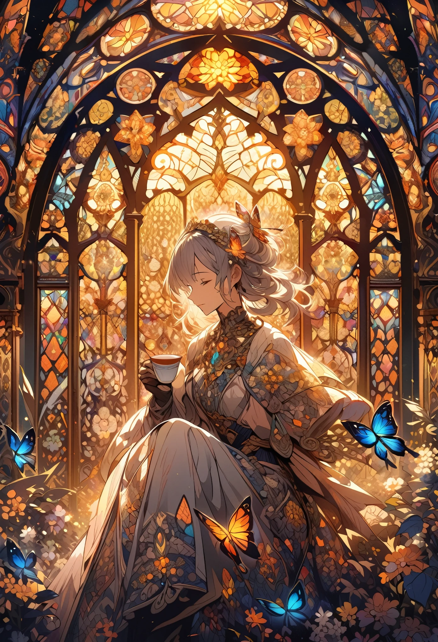 "A detailed and intricate stained glass style illustration of a person adorned with flowers and jewelry, holding a cup of tea, with a butterfly nearby, surrounded by ornate patterns and warm lighting."