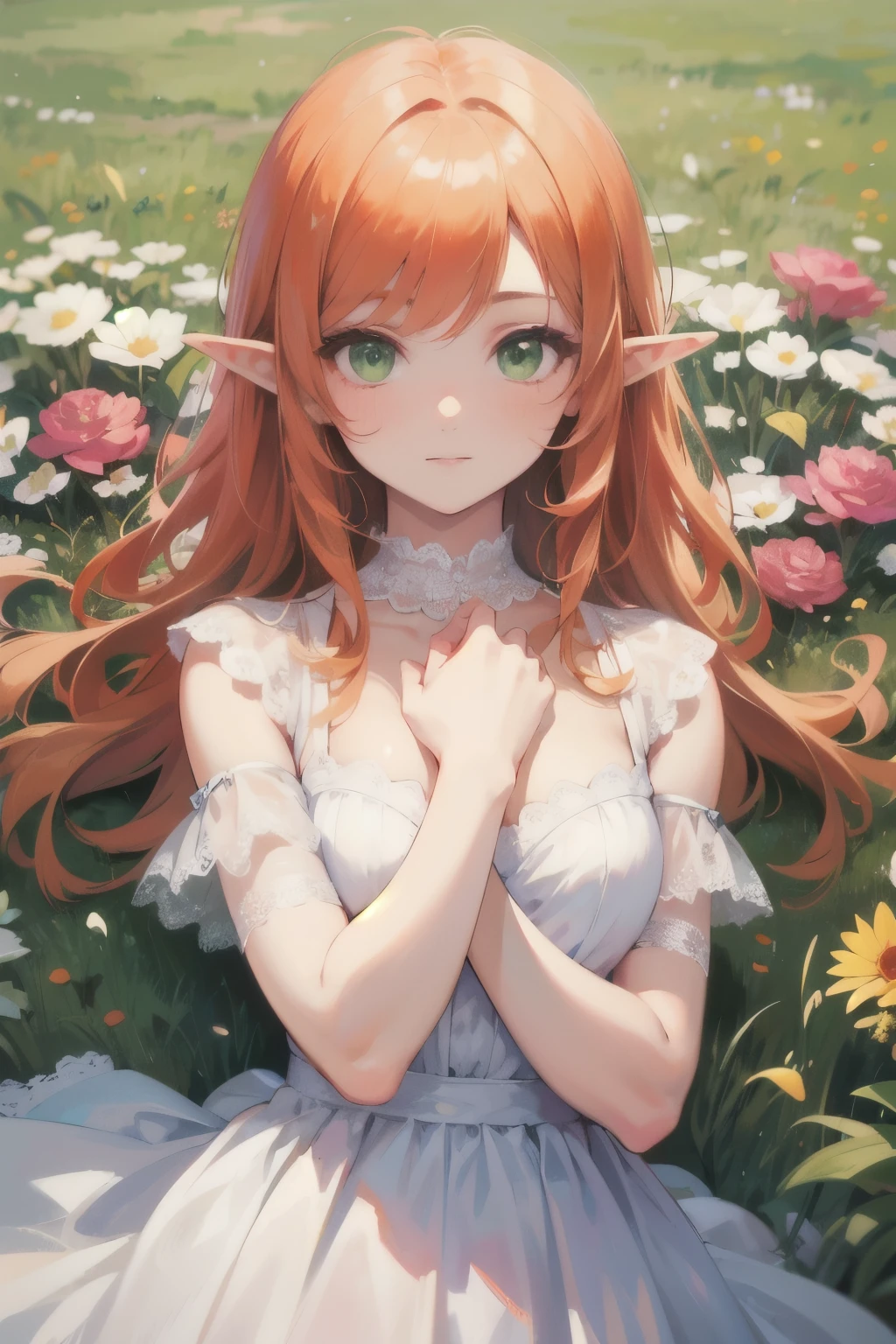 ((best quality)), ((masterpiece)), (detailed), perfect face, elf, young, girl, orange hair, long hair, green eyes, lilac dress, flowers, pink flowers, happy, sunny, green grass, lawn, white lace choker, romantic, soft smile, looking at viewer, portrait, puffed sleeves, flat breast