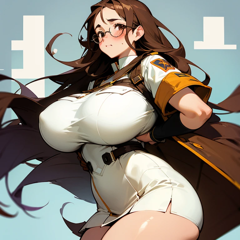 A nerdy girl with glasses, long brown hair and brown eyes. Who wears a white uniform that is tight around her big and enormous breasts and a short skirt that barely covers her thick thighs. She looks down as she adjusts her glasses and has a slight blush on her cheeks. She's in a class.