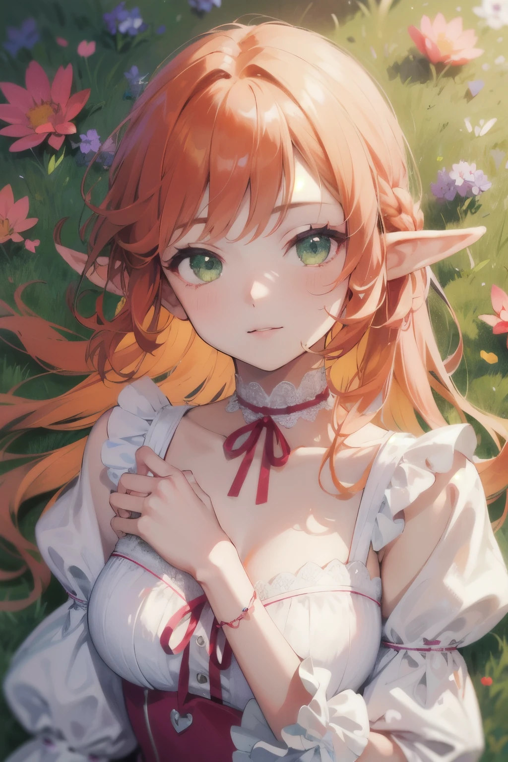 ((best quality)), ((masterpiece)), (detailed), perfect face, elf, young, girl, orange hair, long hair, green eyes, lilac dress, flowers, pink flowers, happy, sunny, green grass, lawn, white lace choker, romantic, soft smile, looking at viewer, portrait, puffed sleeves, flat breast, ribbon in hair