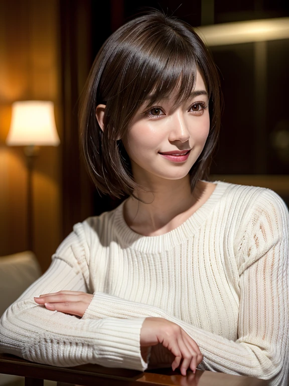 1 Japanese girl,(White sweater:1.4), (RAW Photos, highest quality), (Realistic, Photorealistic:1.4), Tabletop, Very delicate and beautiful, Very detailed, 8k wallpaper, wonderful, In detail, Very detailedなCG Unity, High resolution, Soft Light, Beautiful Details 19 years old, Very detailedな目と顔, Beautifully detailed nose, Beautiful fine details,Cinema Lighting,Perfect Anatomy,Slender body,smile (Asymmetrical bangs, short hair)