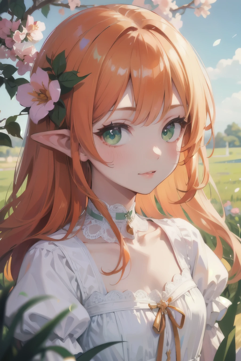 ((best quality)), ((masterpiece)), (detailed), perfect face, elf, young, girl, orange hair, long hair, green eyes, lilac dress, flowers, pink flowers, happy, sunny, green grass, lawn, white lace choker, romantic, soft smile, looking at viewer, portrait, puffed sleeves, flat, ribbon in hair