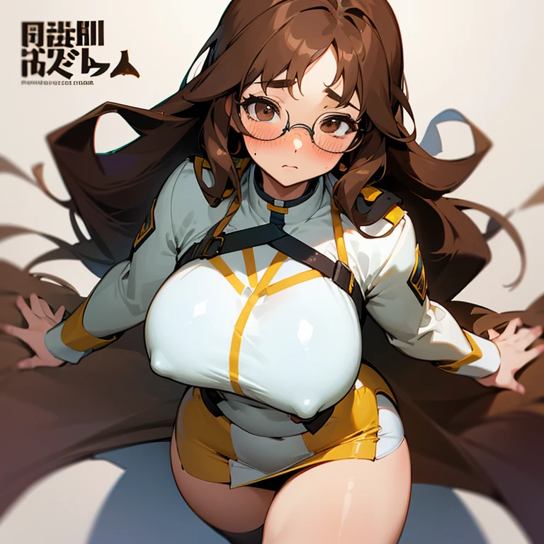 A nerdy girl with glasses, long brown hair and brown eyes. Who wears a white uniform that is tight around her big and enormous breasts and a short skirt that barely covers her thick thighs. She looks down as she adjusts her glasses and has a slight blush on her cheeks. She's in a class.