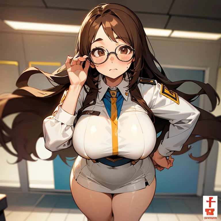 A nerdy girl with glasses, long brown hair and brown eyes. Who wears a white uniform that is tight around her big and enormous breasts and a short skirt that barely covers her thick thighs. She looks down as she adjusts her glasses and has a slight blush on her cheeks. She's in a class.