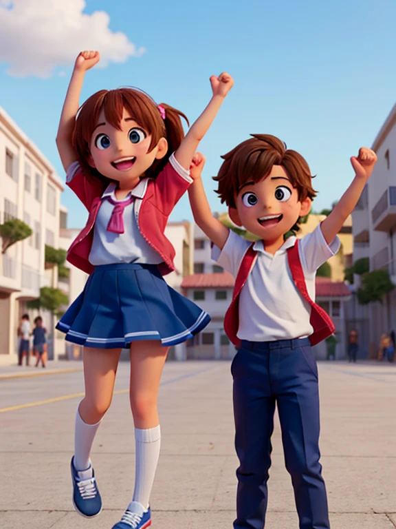 Create a video that shows a girl and a boy in the first image who are in a schoolyard , en la segunda imagen solo que salga el chico , In the other only the girl and in the last one they both come out smiling and raising their hands 