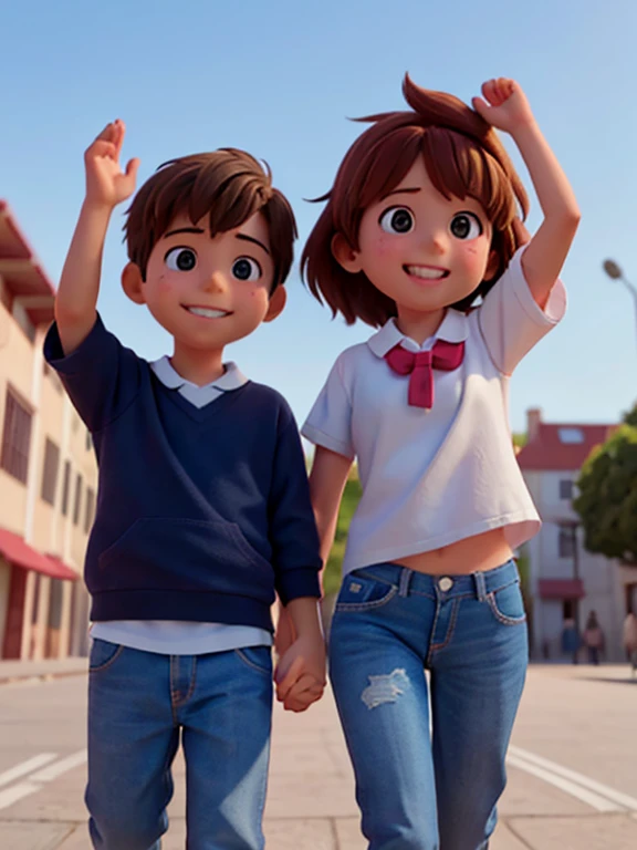 two boys hug one girl from front and back, smiling