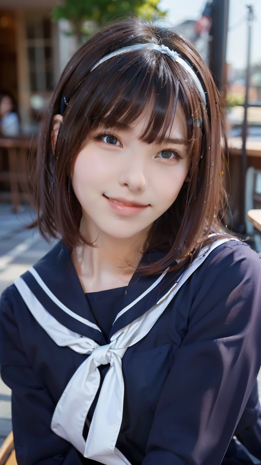 sailor uniform, One Woman, (Beautiful woman, delicate :1.3), Shiny Black Hair, Bobcut, bangs, (8k), (highest quality: 1.2), (Realistic), (Realistic: 1.37), (masterpiece), (Ultra-high resolution), (RAW Photos), (Absolute Resolution), (((face is small compared to body: 1.4))), (((Small face:1.4))), A balanced face, (Small Mouth: 1.4), ((Slim female body: 1.4)), Black Hair, (((long sleeve Sailor suit))), realistic high school girl, (((White headband))), Small breasts, Slanted Eyes, Bright Blue Eyes, (Cafe on the open terrace), Open your mouth, smile, Blurred, full body, Three white lines on the collar of a sailor uniform, Looking up,