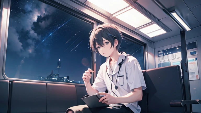 boy sitting on a train looking outside with headphones, in the style of anime-inspired characters, detail environment, 8k resolutions, richly colored night sky