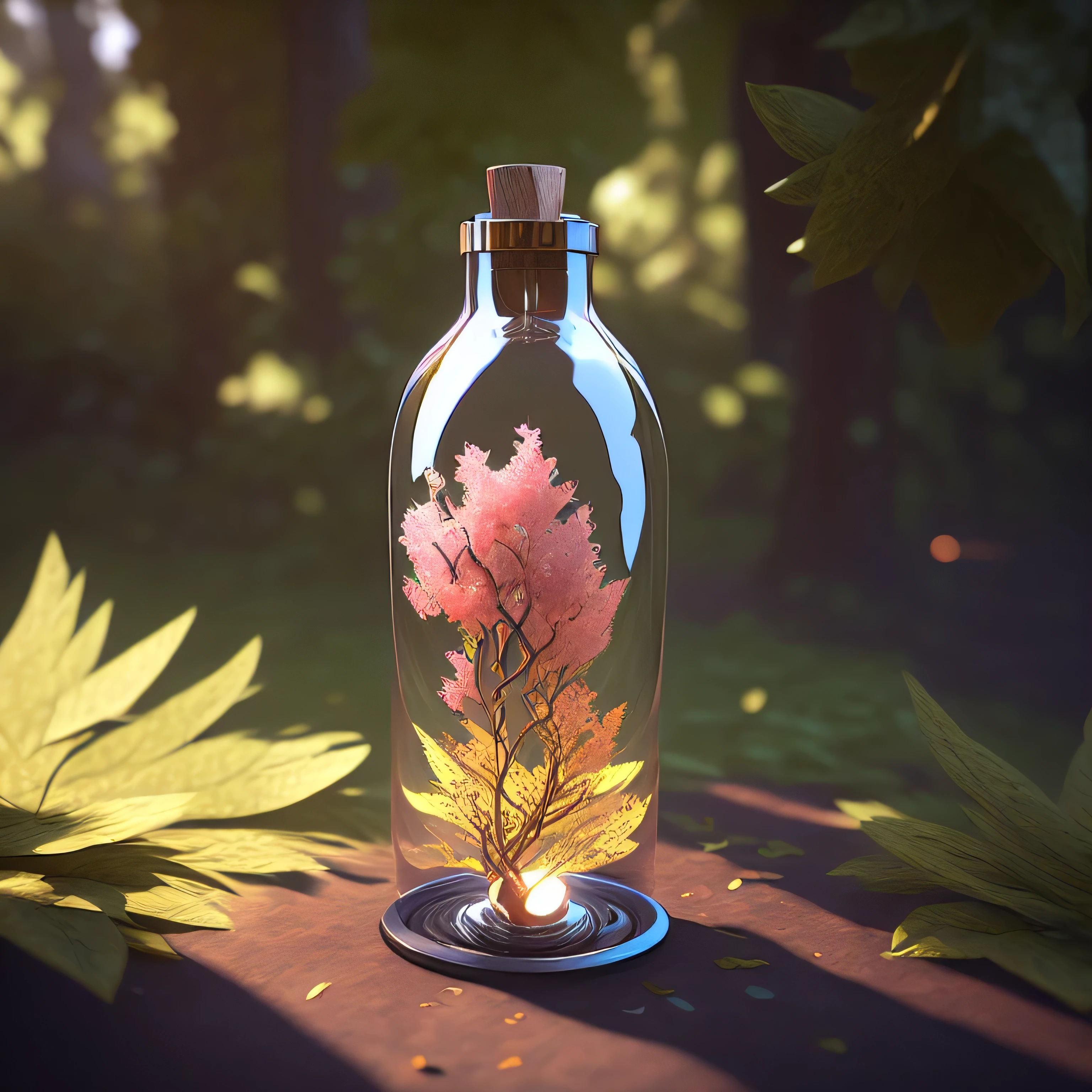 dream-likeart tree in a bottle, fluffy, Realistic, photograph, Canon, dream-like, art, Colorful leaves and branches with flowers on top. hyperdetailed photographrealism by greg rutkowski - h 1024 w 804 | f16 lens mark 2:2 seconds 3555mm film grain :1 Realistic high resolution sharp focus contrast!! intricate detailed atmospheric light refraction lighting unreal engine 5 cinematic concept photographgraphy masterpiece octane render trending at cgsociety rendered as