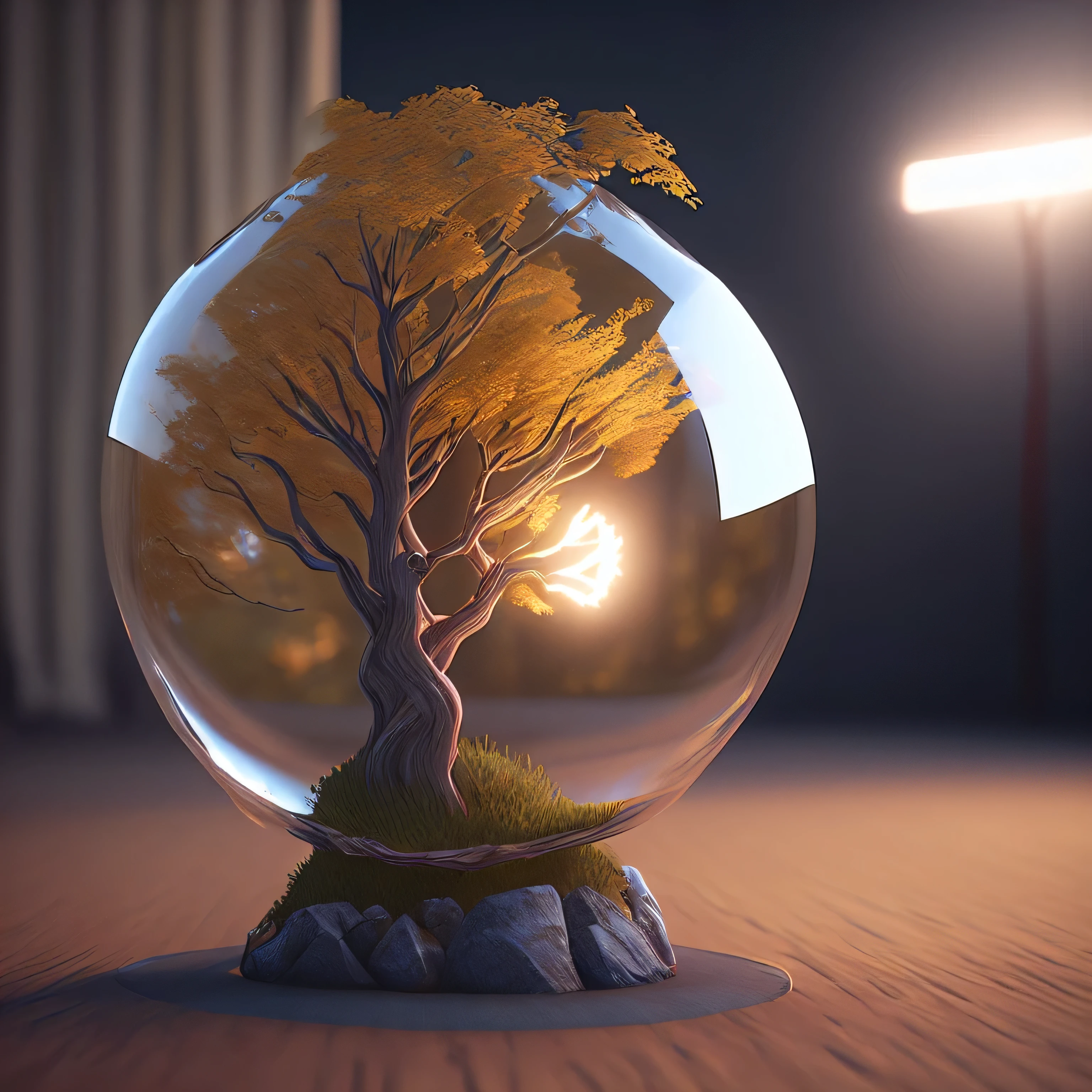 dream-likeart tree in a bottle, fluffy, Realistic, photograph, Canon, dream-like, art, Colorful leaves and branches with flowers on top. hyperdetailed photographrealism by greg rutkowski - h 1024 w 804 | f16 lens mark 2:2 seconds 3555mm film grain :1 Realistic high resolution sharp focus contrast!! intricate detailed atmospheric light refraction lighting unreal engine 5 cinematic concept photographgraphy masterpiece octane render trending at cgsociety rendered as